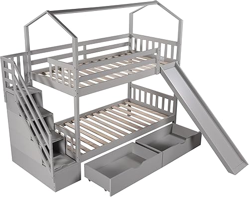 Miniatura 5 de Litera de casa individual sobre individual con dos cajones y tobogán litera de madera maciza con techo y barandillas escalera de almacenamiento