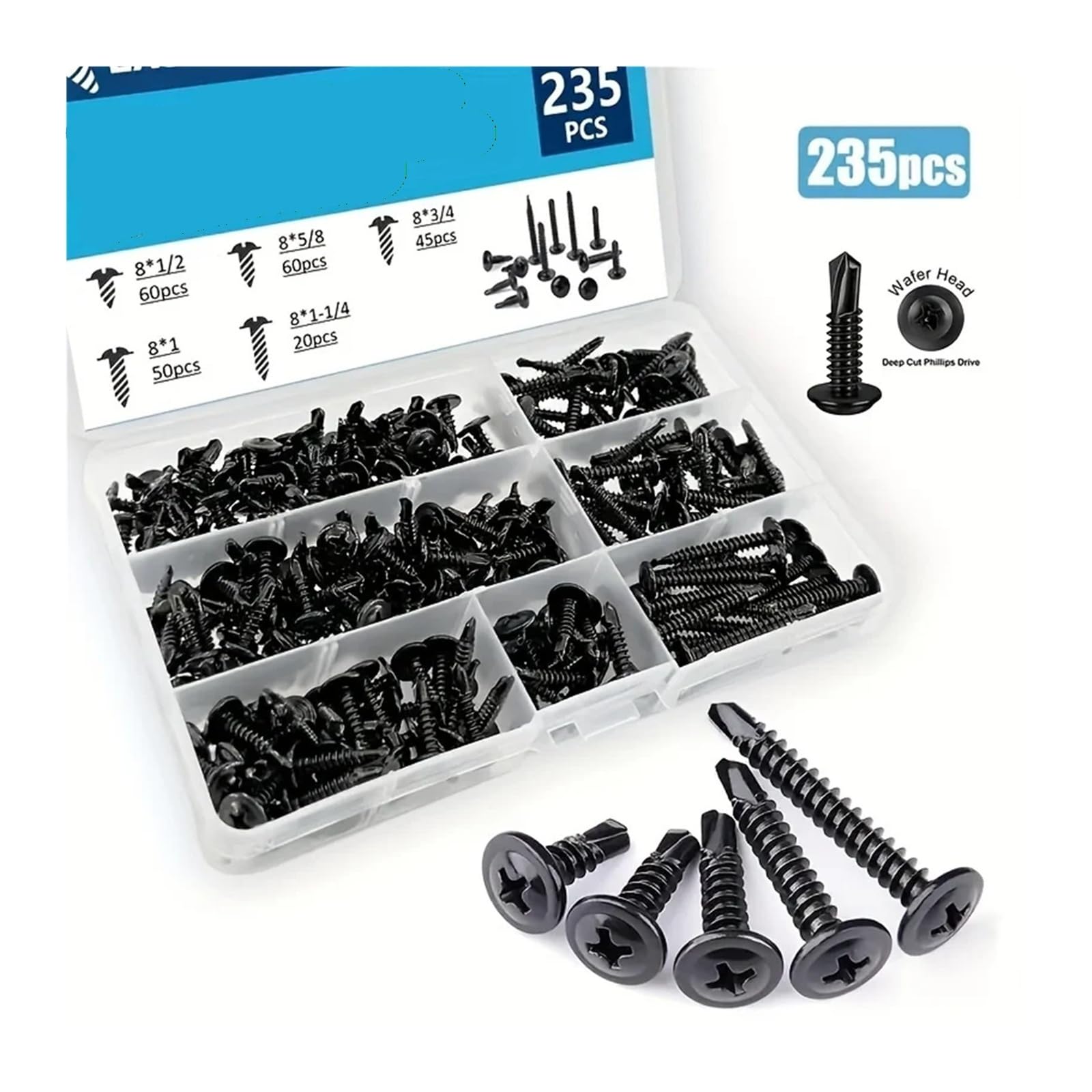 Perforación del equipo surtido acero inoxidable 410 de los tornillos autorroscantes la hoja #8(235pcs)