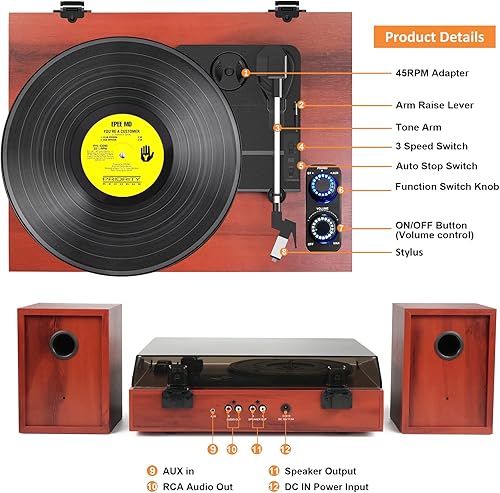 Miniatura 36 de Tocadiscos de vinilo con altavoces externos, tocadiscos vintage de 3 velocidades con altavoces estéreo, salida de audio RCA y entrada auxiliar