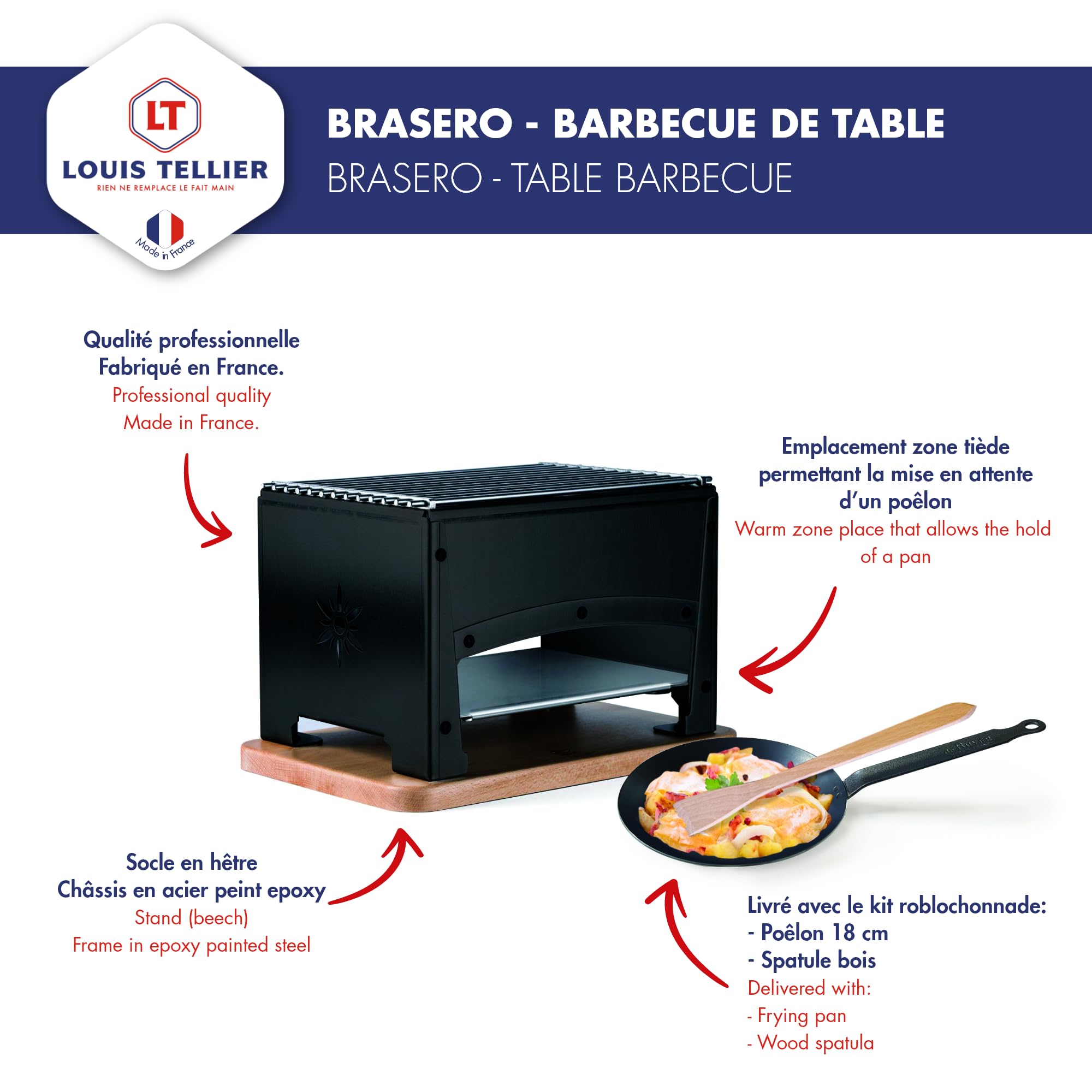 Louis Tellier - Brasero - Griglia a Carbone/Riblochade - Edelweiss - Acciaio Verniciato con ¨Polveri Epossidiche - Piano in Legno di Faggio Massiccio - qualità Professionale - Made in France