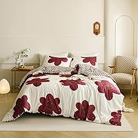 Vista 6 de KAREVER Juego de edredón floral burdeos, tamaño individual, color blanco con flores burdeos, juego de edredón de 3 piezas, edredón tamaño individual