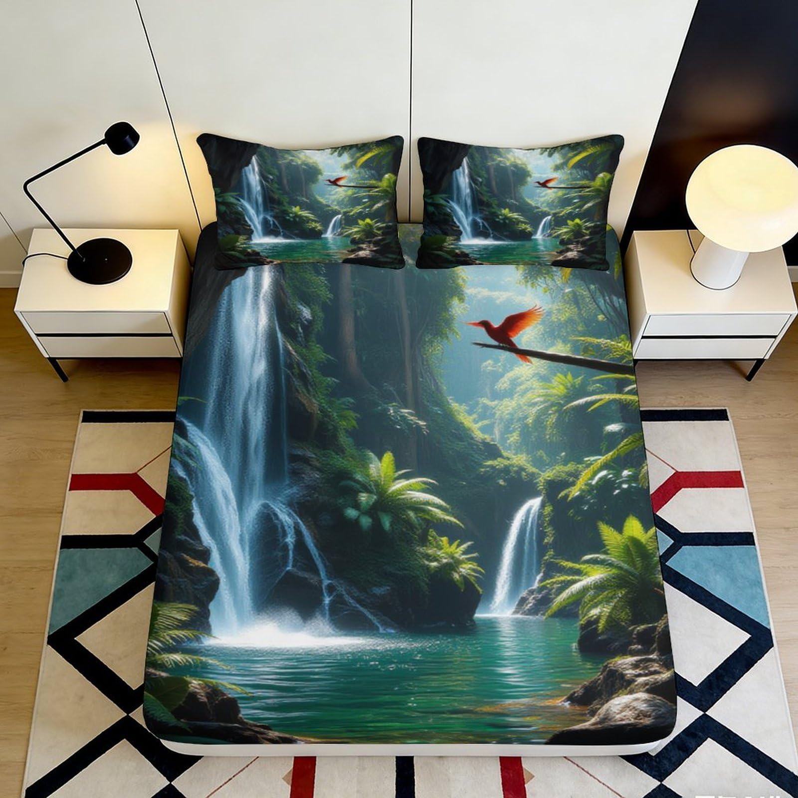Pnayamiorkfel Style-5 3D Printed Tropical Waterfall Fitted Sheet Microfiber Soft Non-Slip Bird Forest Bed Cover For Bedroom Guest Room 90X200x25cm