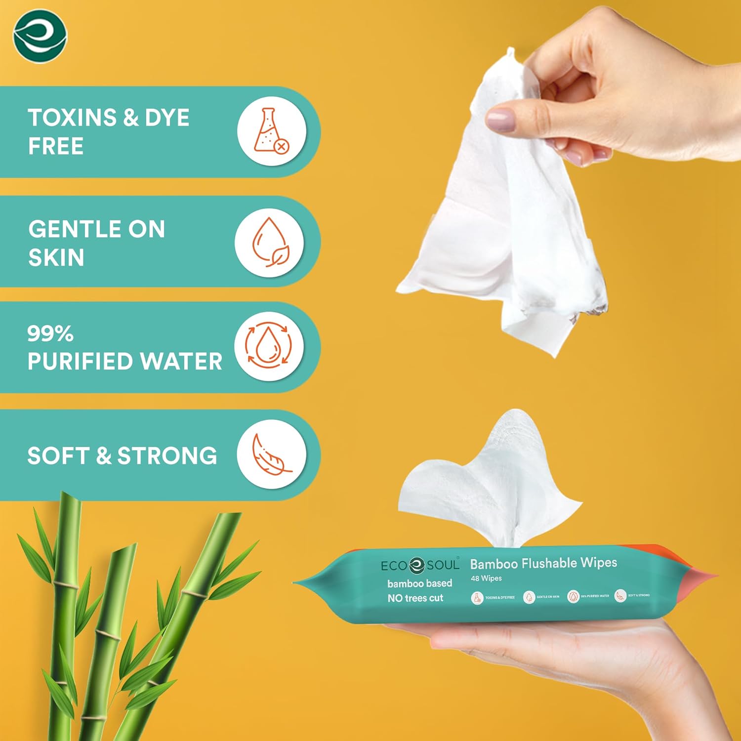 ECO SOUL Bamboo Flushable Extra-Large Adult Wipes & Toilet Paper Bundle | 4 Packs of 48 Unscented Wipes + 12 Mega Rolls, 3 Ply Eco-Friendly, Compostable, Septic Safe, Hypoallergenic