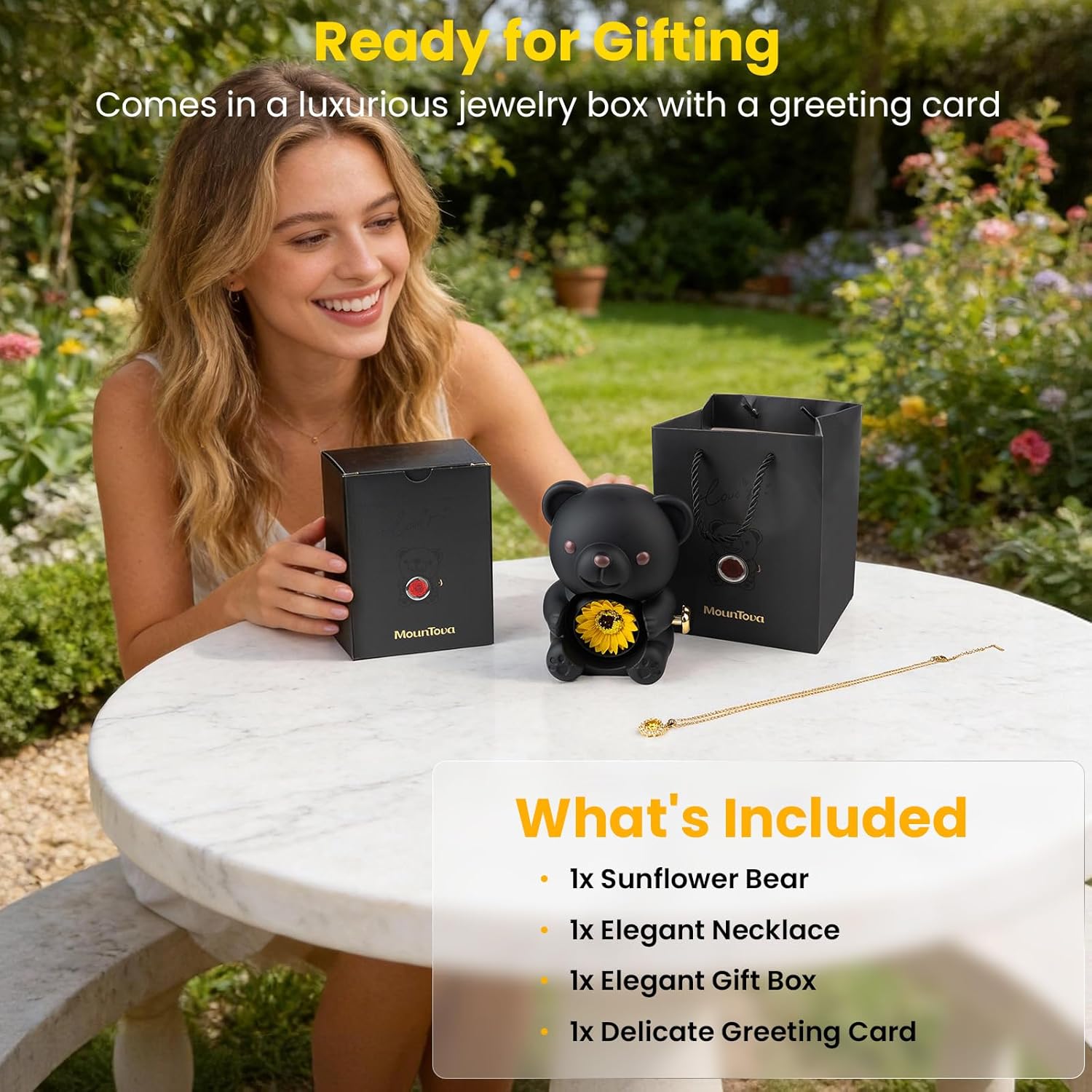 Lucky Sunflower Teddy Bear Jewelry Box with Necklace, Rotating Surprise Design Gift Set for Wife, Girlfriend, Mom, Valentine's Day, Birthday, Anniversary Romantic Gifts for Her(Black)