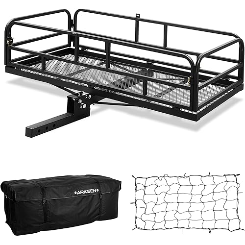 ARKSEN 60" x 24" x 14" Folding Cargo Rack Carrier with Waterproof Cargo Bag & Nylon Net 500 Lbs Heavy Duty Capacity 2 Inch Receiver Luggage Basket Hitch Fold Up for SUV Pickup Camping Traveling