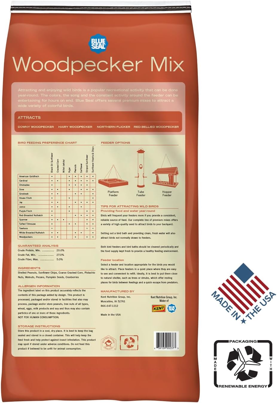 Blue Seal Woodpecker Mix Wild Bird Seed | Premium Blend of Nuts, Sunflower Seeds, and Fruit | Attracts Wide Variety of Wild Outside Birds | Convenient Shell-Free Mix | Made in USA | 20 Pound Bag