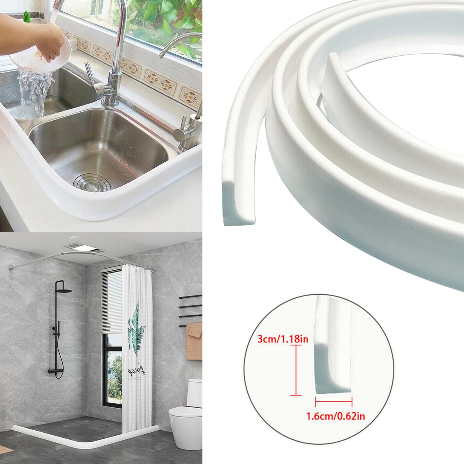 Barriera d'acqua per doccia,in silicone,soglia d'acqua,striscia di tenuta per pavimento bagnato,nastro impermeabile flessibile per separazione umida e asciutta (1 m x 1,6 cm x 3 cm),Bianco