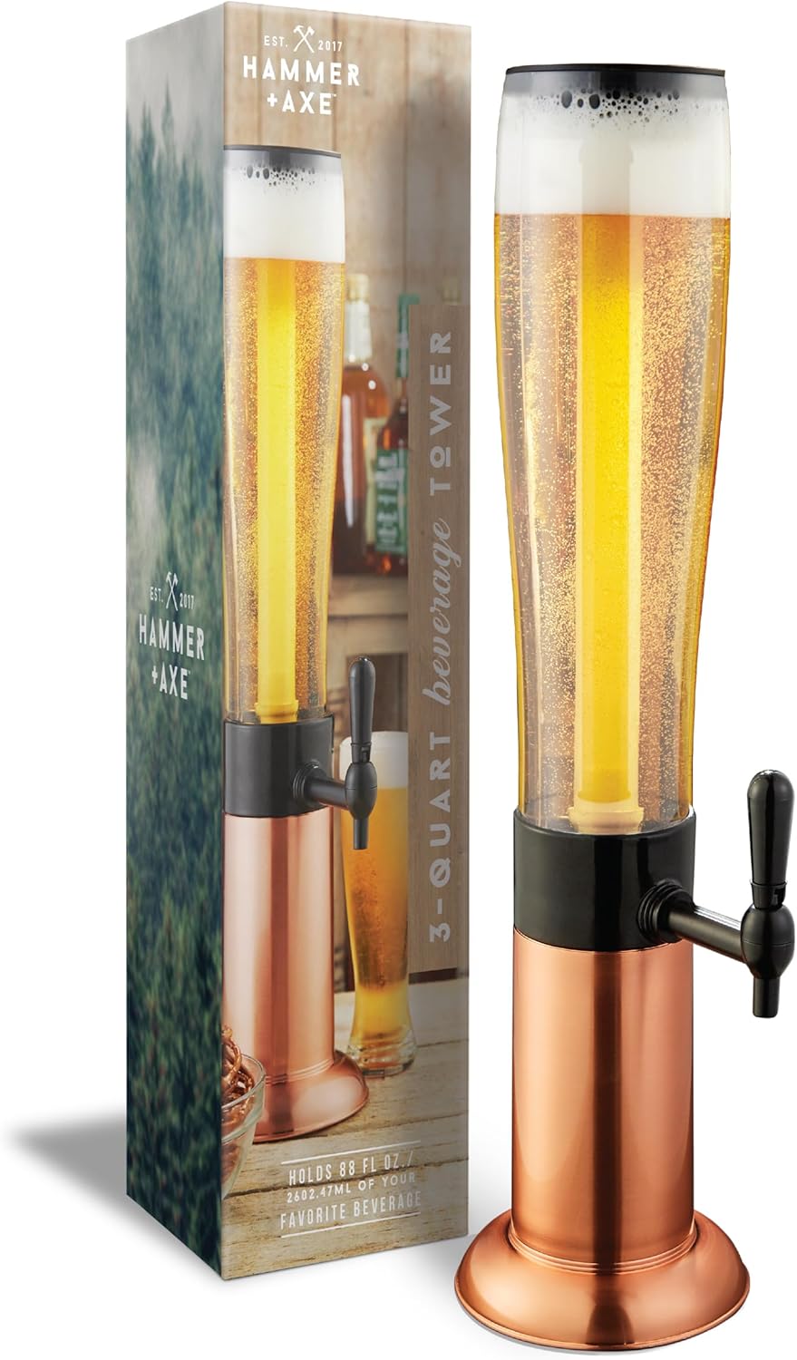 Hammer + Axe Beverage Dispenser – 88 oz Party Drink Dispenser with Ice Tube & Tap| Drink Fountain for Beer, Water, Iced Tea| Mimosa Tower| Margarita Tower| BBQ & Tailgate Essential| Home Bar Accessory