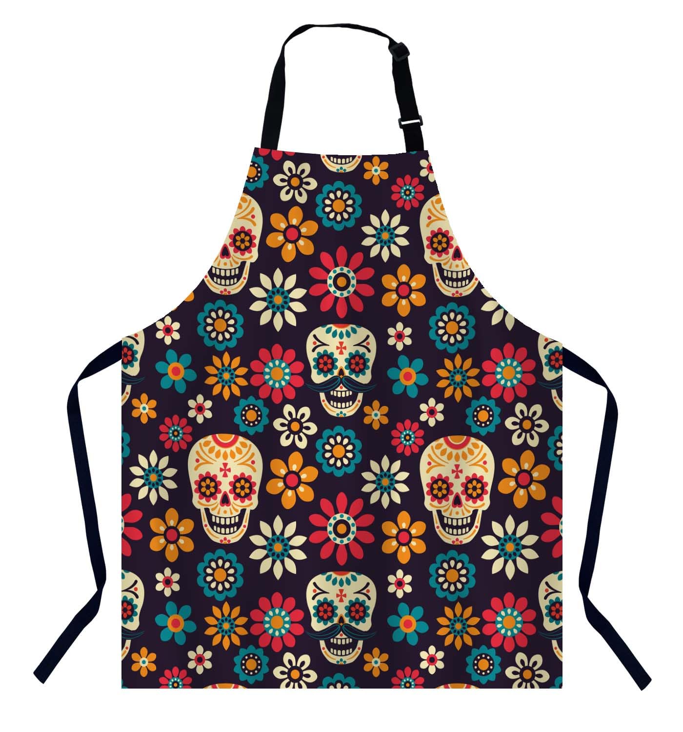 Bgbdeia Women's Mexican Sugar Skull Floral Apron For & Men, Adjustable Chef Apron For Cooking & Baking