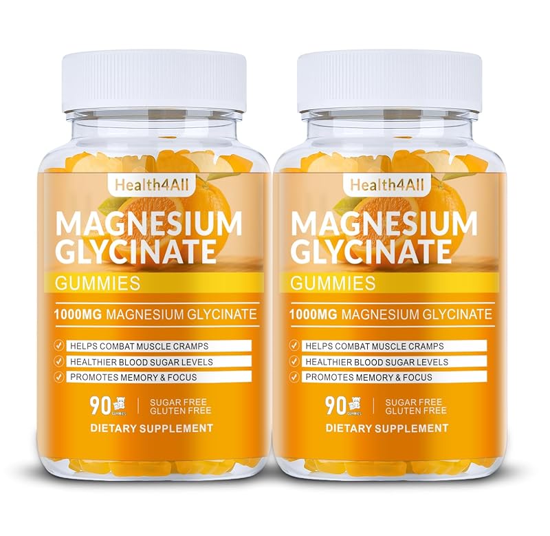 Health4All Gomas de Magnésio Glicinato 1000 mg com Vitaminas D e B6, Cálcio e Potássio, Sabor Laranja, 180 gomas