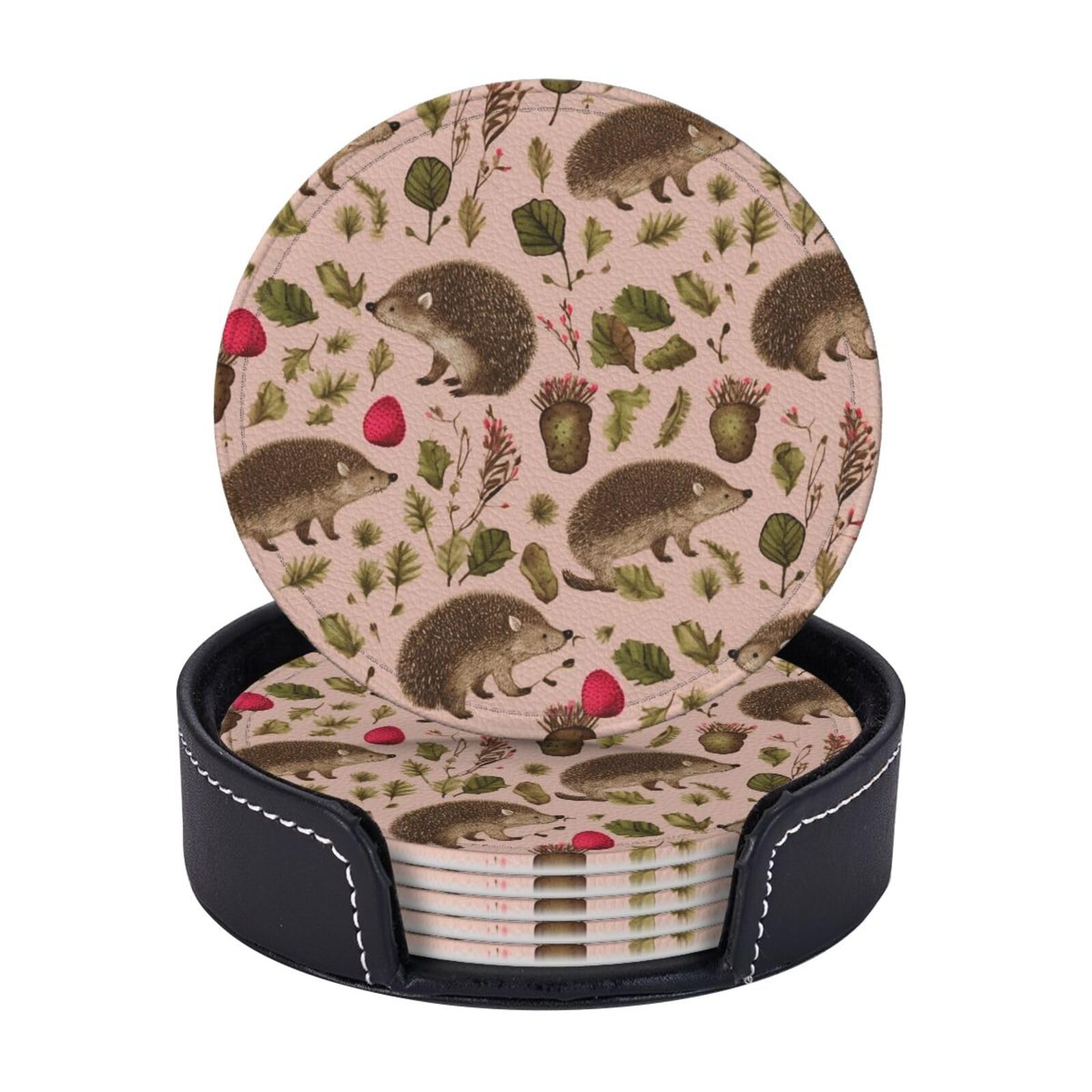 6PCS Drink Coasters with Holder, 4" Leather Coasters for Drinks, Hedgehog Print Cup Coasters for Coffee Table Decor, Non-Slip Drinking Cup Mat for Hot or Cold Drink