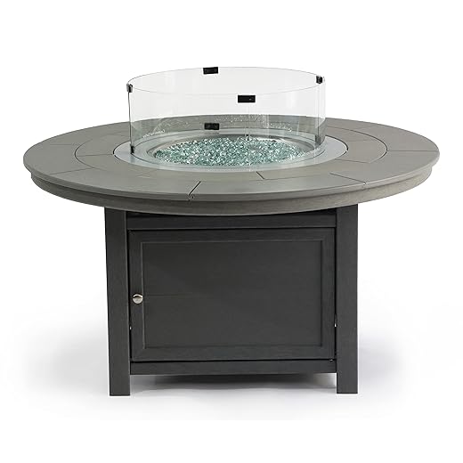 25"(H) x 48" (W) Round Poly Fire Pit Table in Gray with Glass Flame-Wind Guard Set
