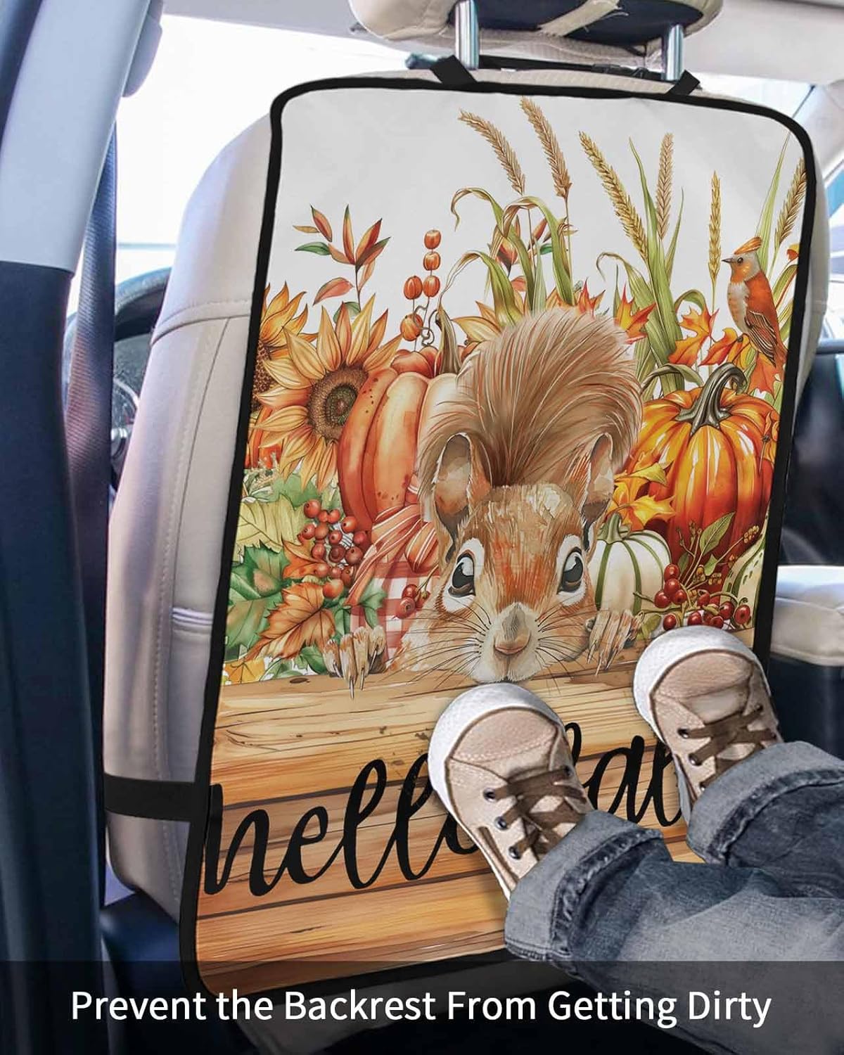 Car Seat Protector, 2 Pack Kick Mats Back Seat Protector Fall Pumpkins Thanksgiving Squirrel Bird Farmhouse Sunflower Waterproof Backseat Cover for Kids Universal Fit Automotive Interior Protectors