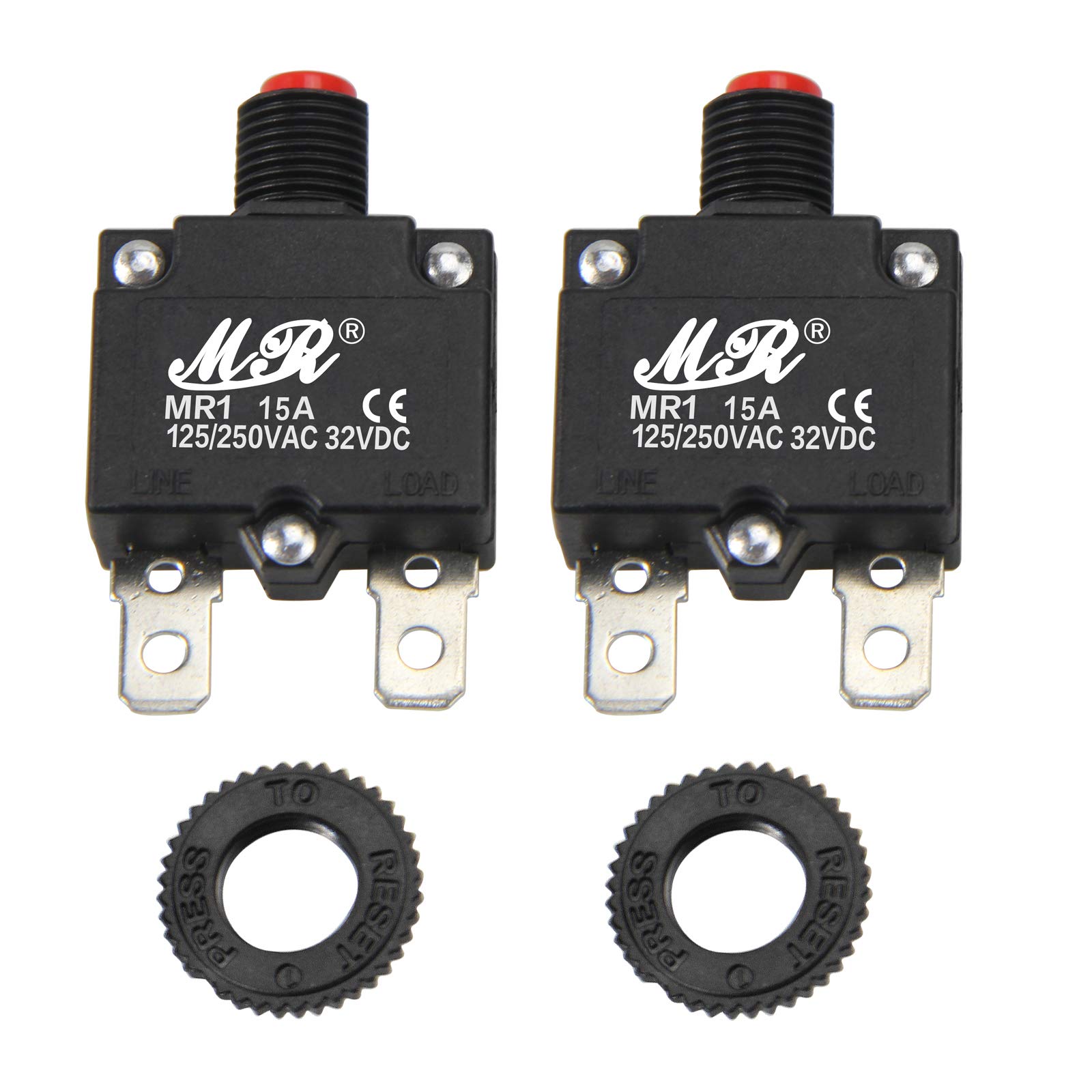 15 Amps Thermal Circuit Breakers 125/250V AC 32V DC Push Button Manual Reset Overload Protector Switch 15A 2 Pack