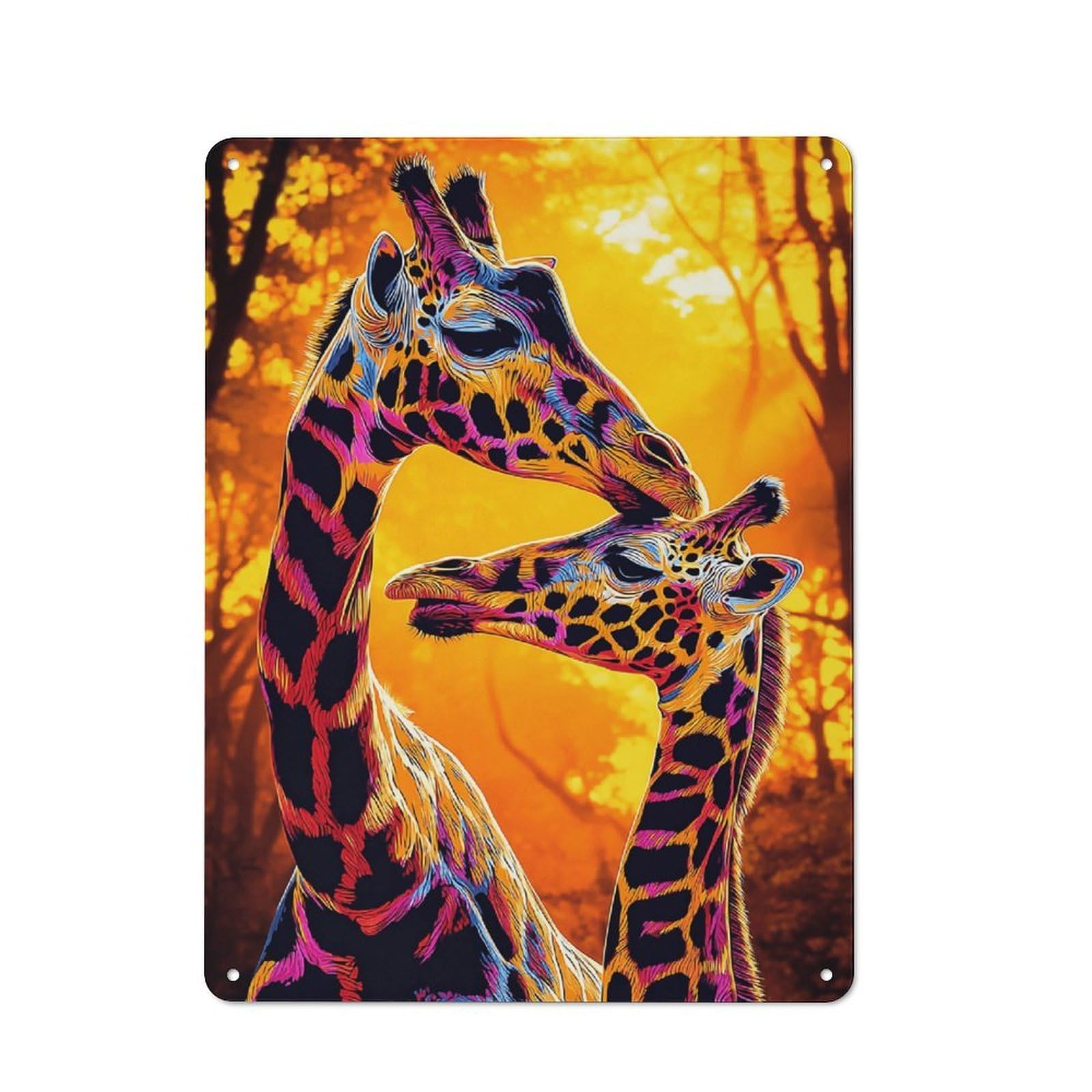 Metal Wall Plaque with Colorful Giraffes in Sunset Forest -1 Design 40x30cm, Old Fashioned Vintage Wall Decor for Living Room, Hallway, Kitchen Or Cafe
