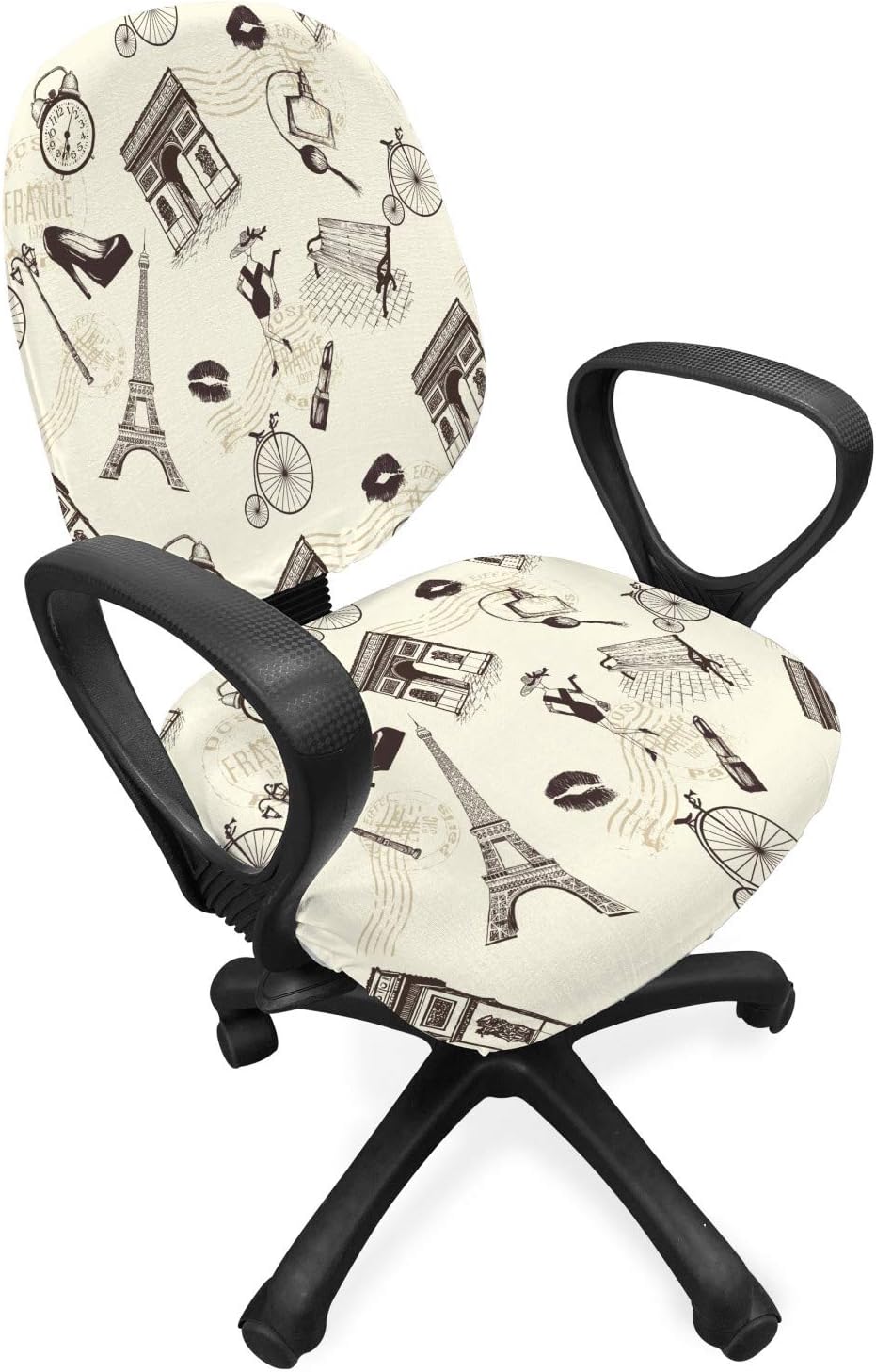 Lunarable Paris Office Chair Slipcover, Iconic French Arc de Triomphe Perfume Eiffel Tower with Vintage Lady, Protective Stretch Decorative Fabric Cover, Standard Size, Eggshell Taupe