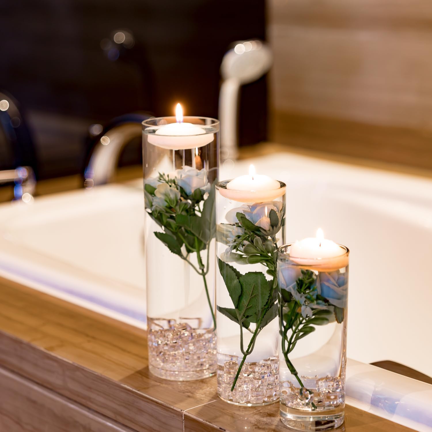 Floating Flower for Table Centerpieces Artificia Blue Rose Plastic Vase Fillers with Floating Candles Clear Water Beads and Fake Ice Decoration for Wedding Party Home Bar Restaurant Festival