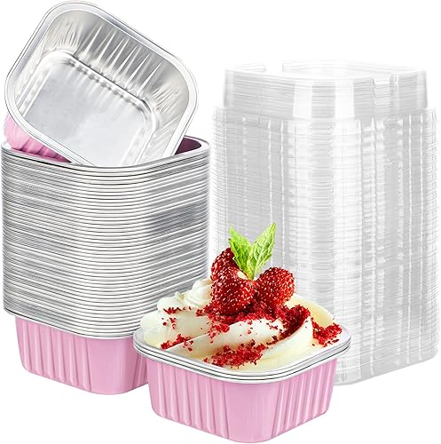 EUSOAR Mini moldes para tartas con tapas, 50 moldes desechables de papel de aluminio de 5 onzas, moldes cuadrados de aluminio para hornear,