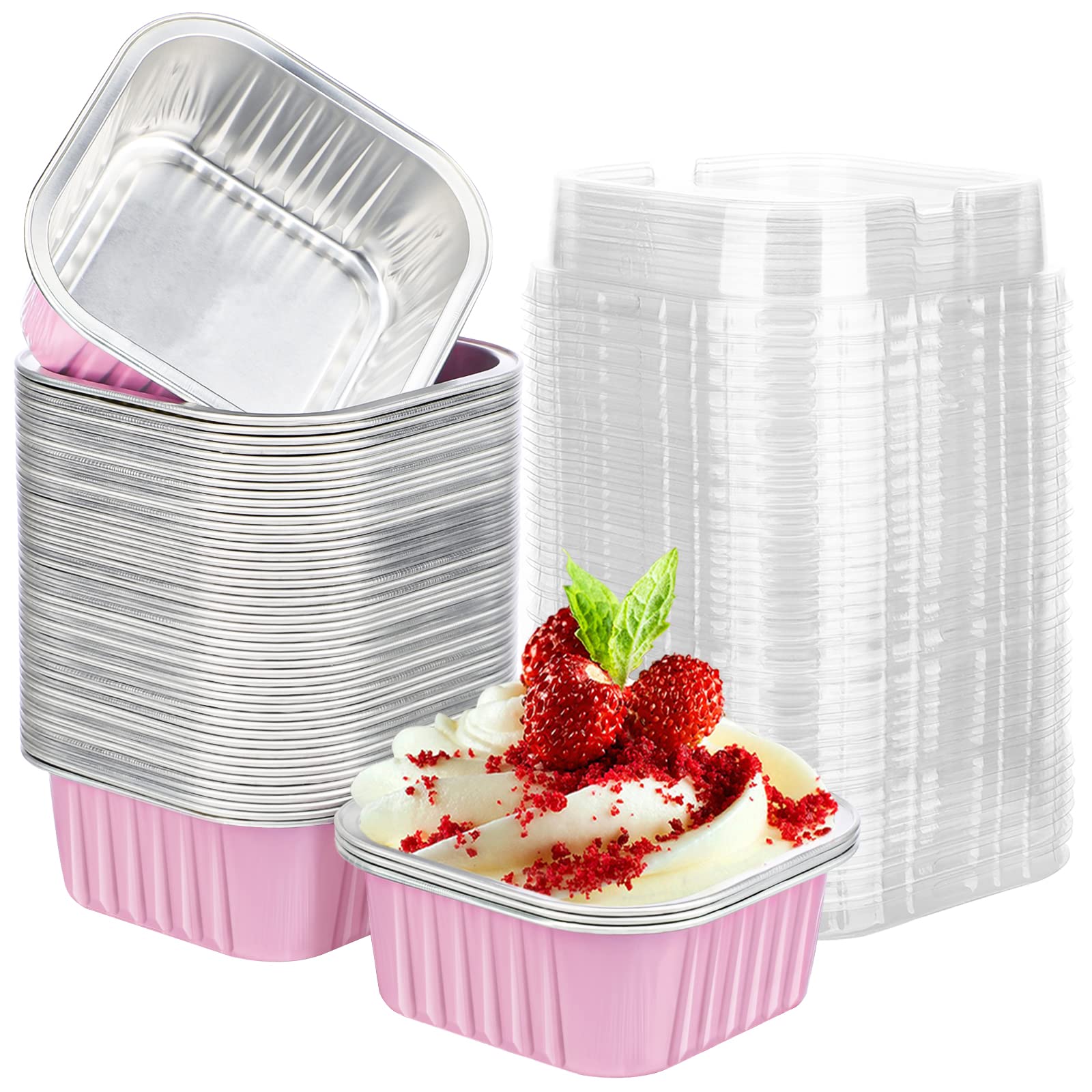 EUSOAR Mini Cake Pans With Lids – 50pcs Aluminum Foil Square Baking Cups, 12.3oz, Gold