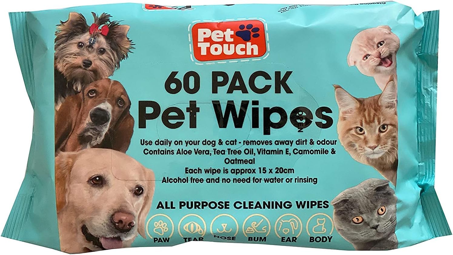 Dog Wipes All Purpose Cleaning Pet Wipes for Dogs Cats Puppies Alcohol Free (1 Pack of 60 Wipes)