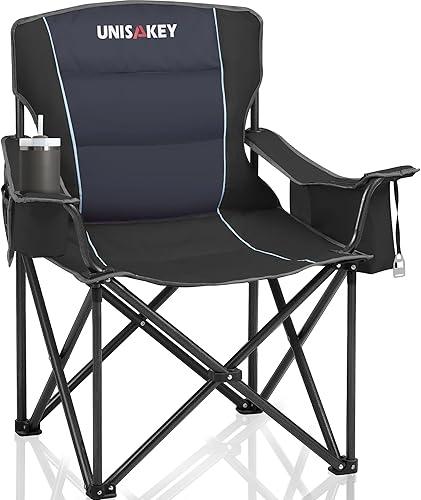 Silla de campamento plegable de gran tamaño para adultos, soporte de 450 libras, sillas de césped portátiles resistentes con bolsillo lateral, bolsa