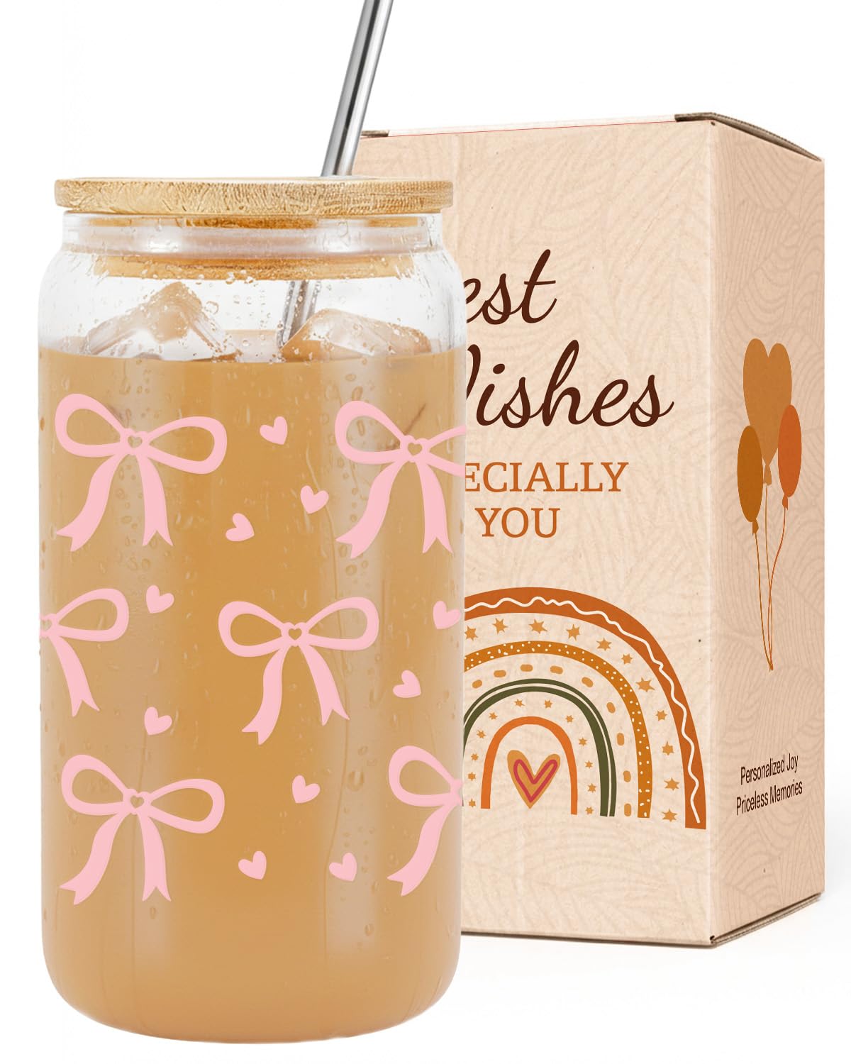 VivaJoy Gifts for Women - Birthday Gifts for Women, Friend Gift, Bow Tie Juice Glasses, Glass Cups with Straw and Lid, Thanks Gift for Womens, Sister, Bestie, Best Friend โ image 1