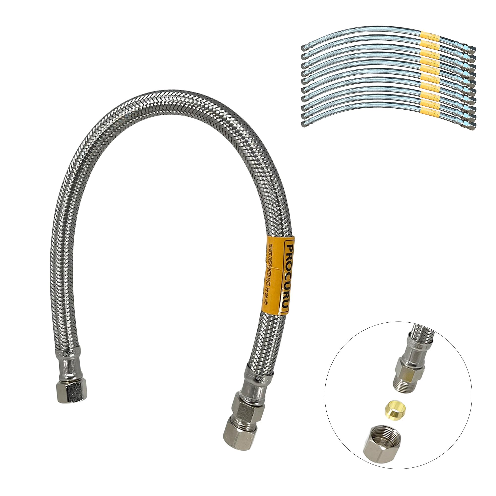 PROCURU 10-Pack 24-Inch Faucet Supply Extension, 3/8 OD Comp (Male) x 3/8 Comp (Female), Stainless Steel Braided Faucet Connetor Hose, Certified Safe