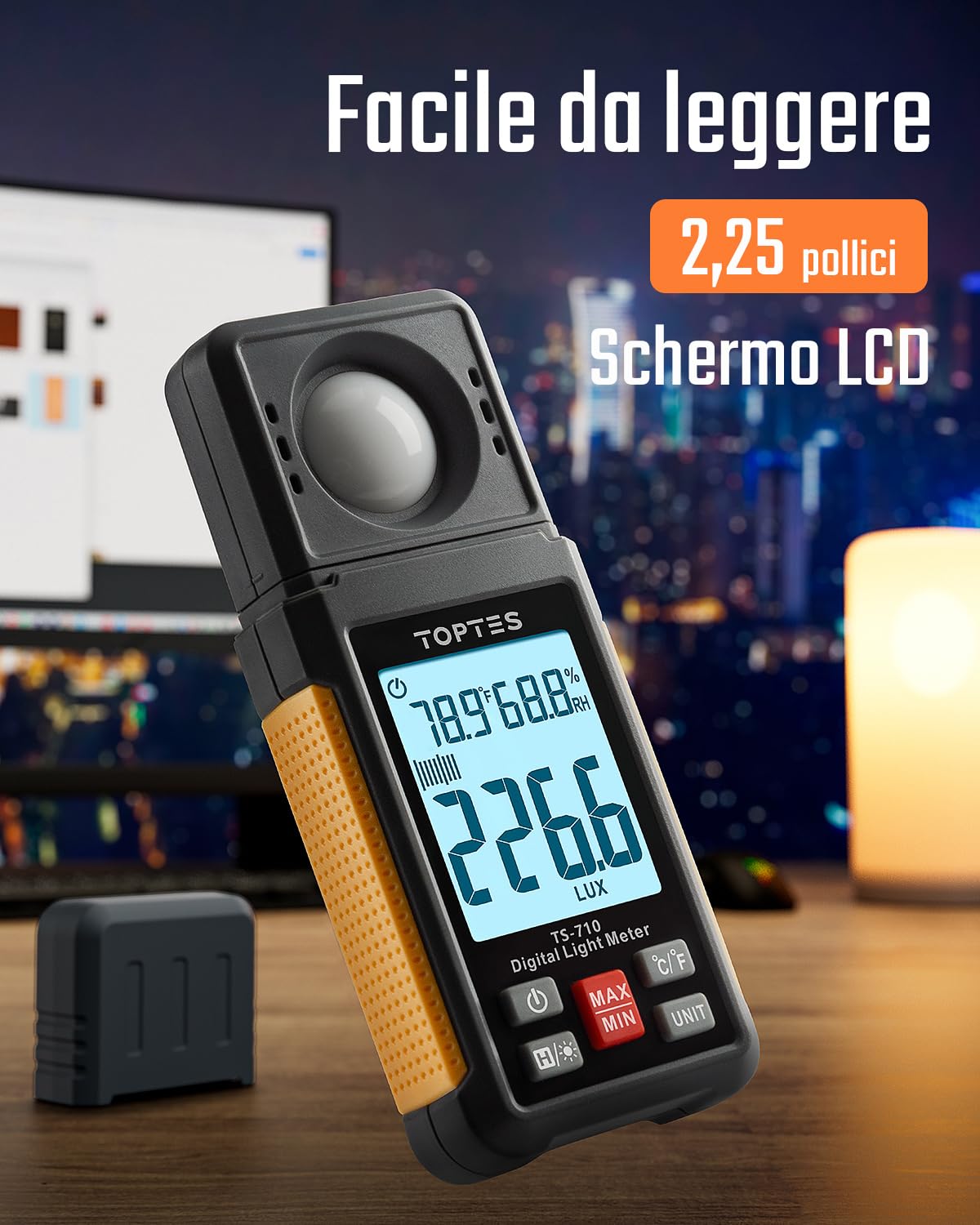 TopTes TS-710 Luxmetro Digitale, Luxmetro Portatile con Sensore Rotato di 180º, Schermo LCD Retroilluminato, Unità Lux/FC, per Interni LED ed Esterni per Piante - Batteria Inclusa