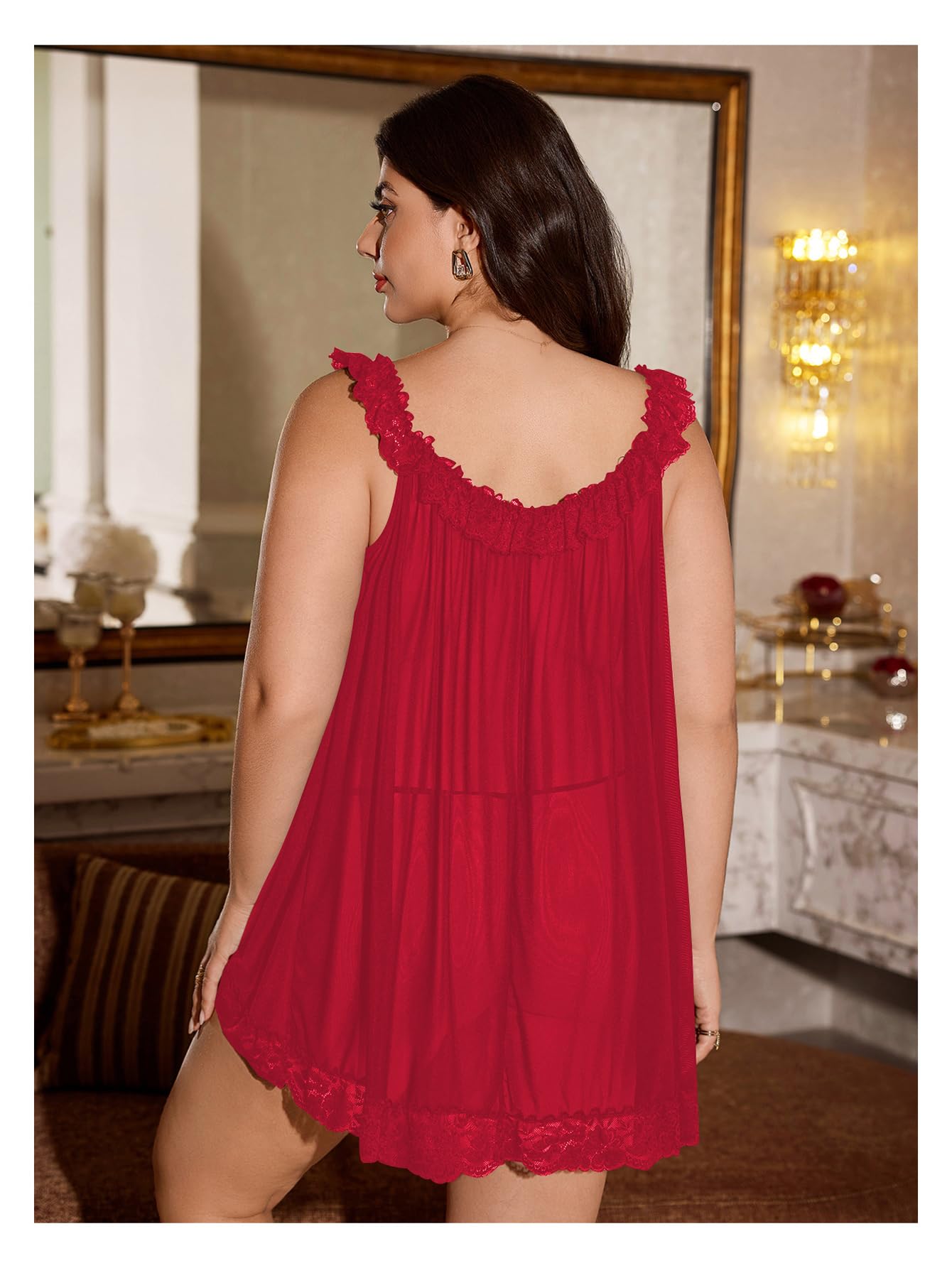 OYOANGLE Women's Plus Size Lace Sheer Chemise Nightgown and Thongs 2 Piece Lace Babydoll Lingerie Set: Large Plus Red
