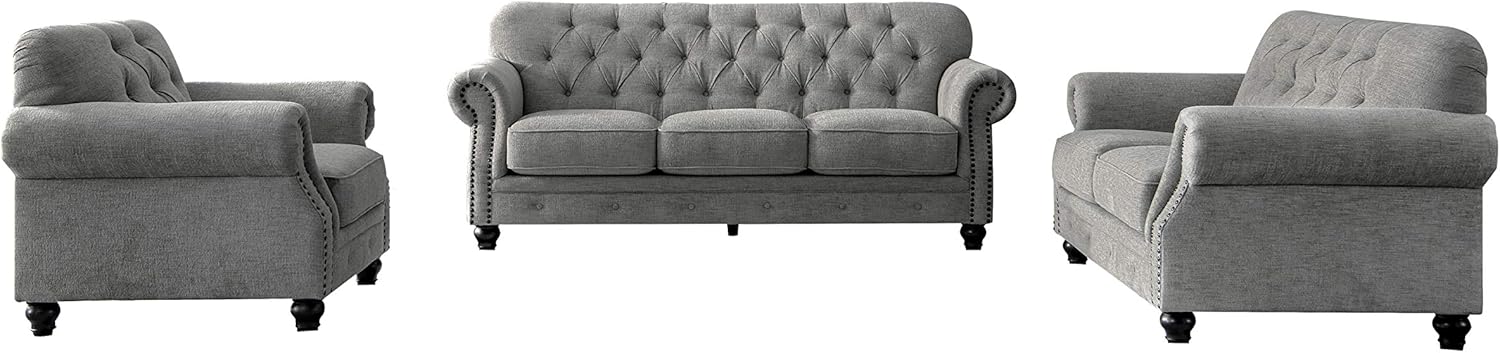 Acanva Collection Chesterfield Chenille Tufted Living Room Sofa, 3 Piece Set, Almond: Furniture & Decor