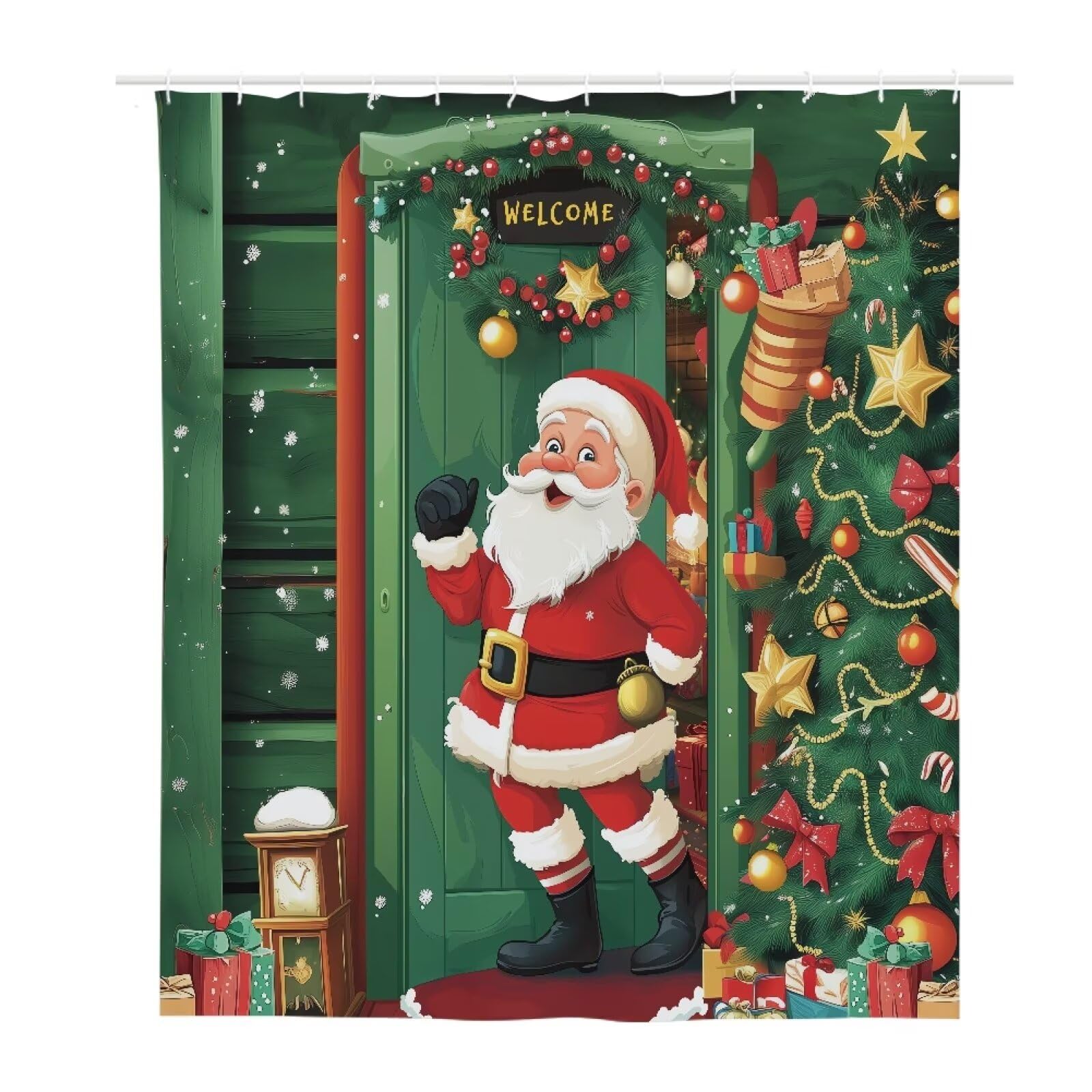 Suhoaziia Waterproof Bath Shower Curtain Soft Machine Washable Shower Curtain Liner Welcome Santa Claus Merry Christmas Tree Lights Bathroom Hotel Spa Christmas Decor Shower Liner 72x72 Inch