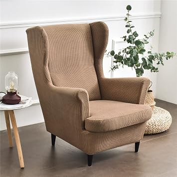 Highdi Wingback Chair Covers 2 Piece Stretch Wing Chair Slipcover, Solid color Jacquard Thicken Strandmon Sofa Cover Furniture Protector for Armchair Chairs Living Room Bedroom Hotel Camel