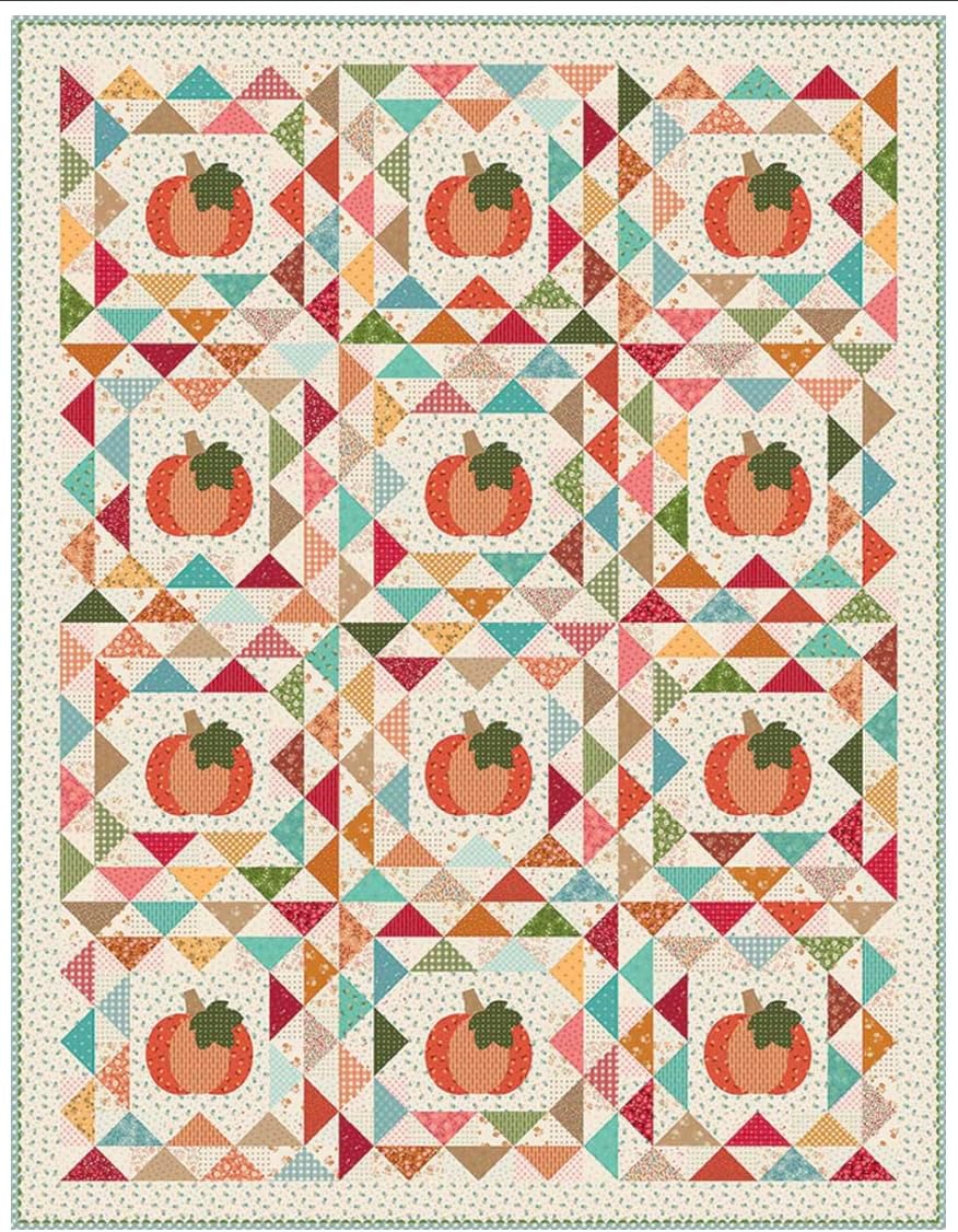 Riley Blake Geese in the Pumpkin Patch Quilt Pattern by Lori Holt of Bee in My Bonnet | for Fall & Thanksgiving Applique | Finished Quilt 66.5" x 86.5" | Baked with Love Collection