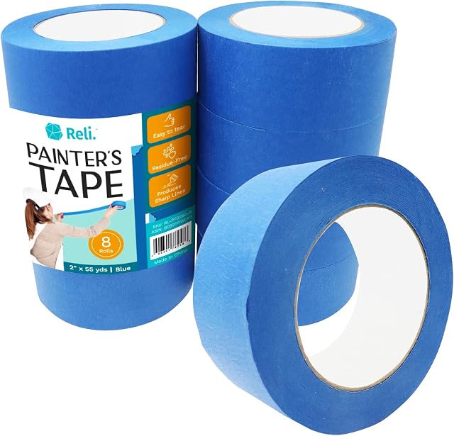 Reli. Painter's Tape, Blue | 8 Rolls | 2" x 55 Yards (440 Yards Total) | Blue Painters Tape 2 Inch Wide | Paint Tape for Walls, Glass, Wood Trim | Painting/Masking Tape | Blue