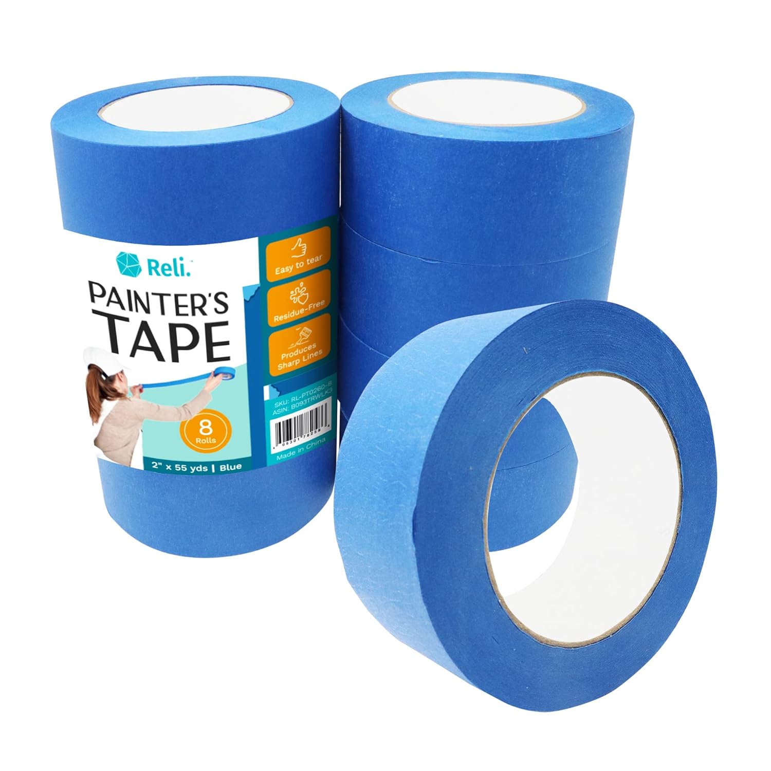 Reli. Painter’s Tape, Blue | 8 Rolls | 2″ x 55 Yards (440 Yards Total) | Blue Painters Tape 2 Inch Wide | Ideal for Painting Walls, Glass, Wood Trim