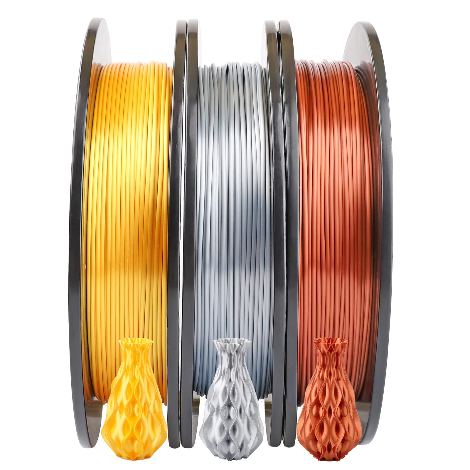 Dikale PLA+ 3D Printer Filament Shiny Metallic Silk 3 Packs, 1.75mm No Tangle, Each Spool 1.1lbs (500g）, Total 1.5kg, PLA Pro Plus Multicolor Bundle- Silk Gold, Silk Copper, Silk Silver