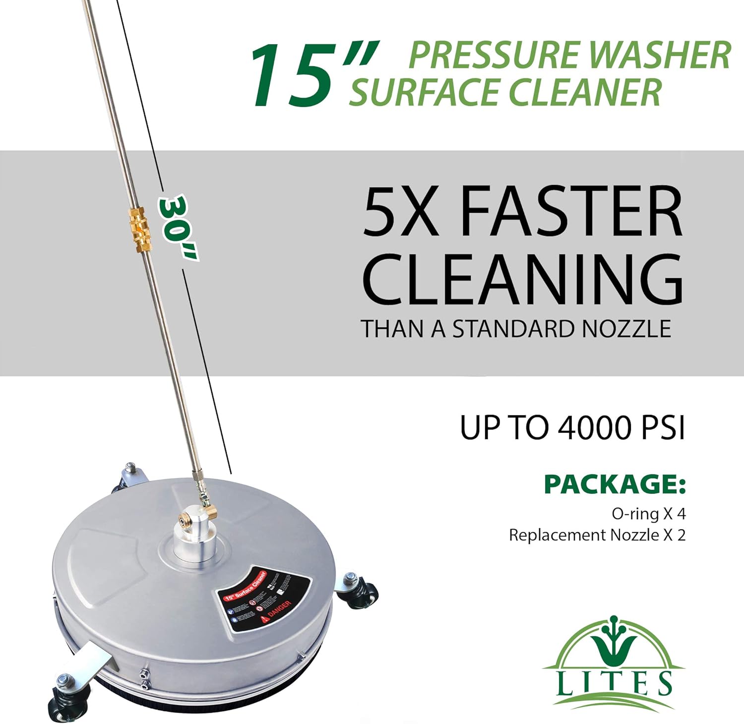 Lites 15" [Stainless Steel] Pressure Washer Surface Cleaner with 2 Extension Wand Attachments,4000 PSI (SS (Stainless Steel))