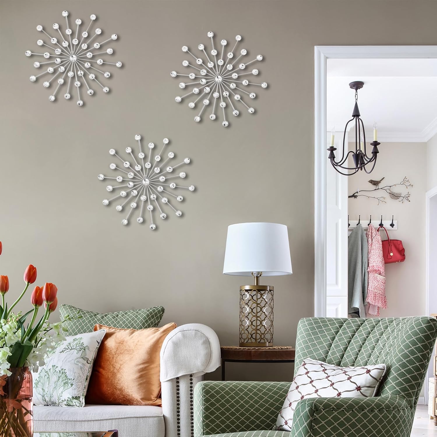 DXYAKY Set of 3 Silver Metal Starburst Wall Art Decor, Rhinestone Crystal Home Decor Accents, 11.8 Inch Decorative Wall Hanging Diamond, Jeweled Sparkle Wall Sculptures for Living Room Bedroom - Image 6