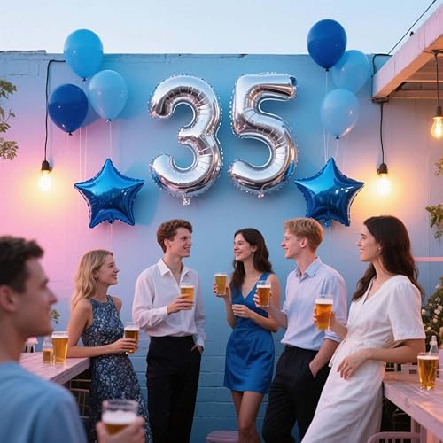 Vista 44 de Decoración de fiesta de cumpleaños número 31, color azul plateado para hombres, pancarta de feliz cumpleaños número 31, globos de papel de aluminio