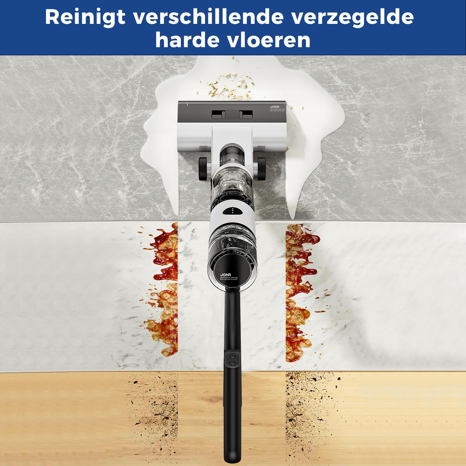 JONR ED12 Aspirapolvere Lavapavimenti Senza Fili, Mop e Aspirapolvere Umido e Secco 4 in 1, Pulizia Bordi, Funzione Autopulente, Autonomia 30 Min, Pavimenti Duri, Peli di Animali Domestici