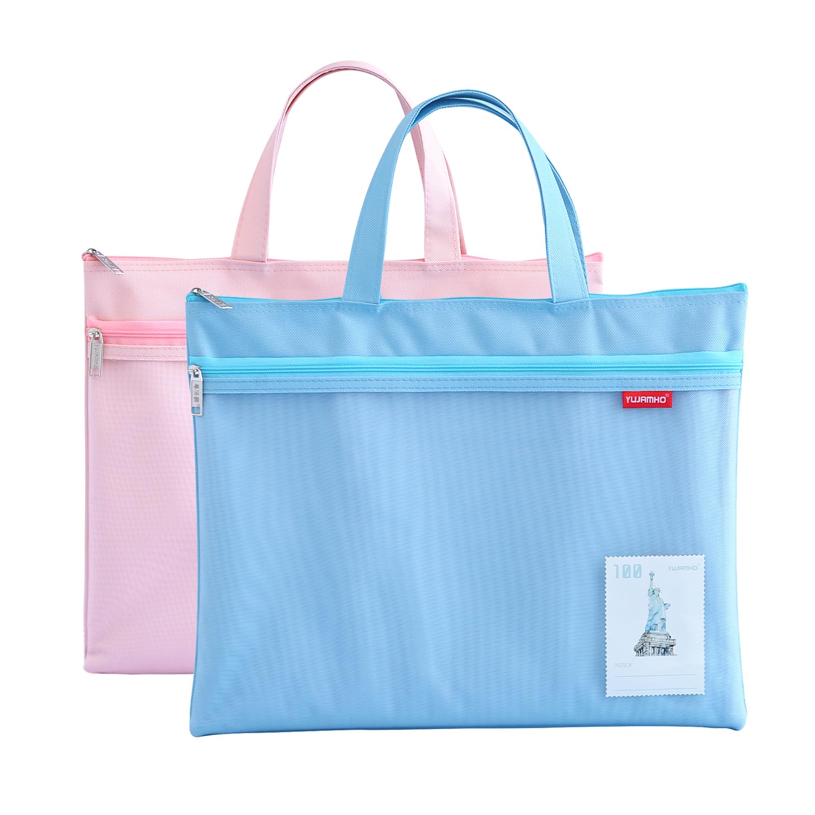Set di 2 portadocumenti A4 in nylon impermeabili con doppia cerniera blu e rosa