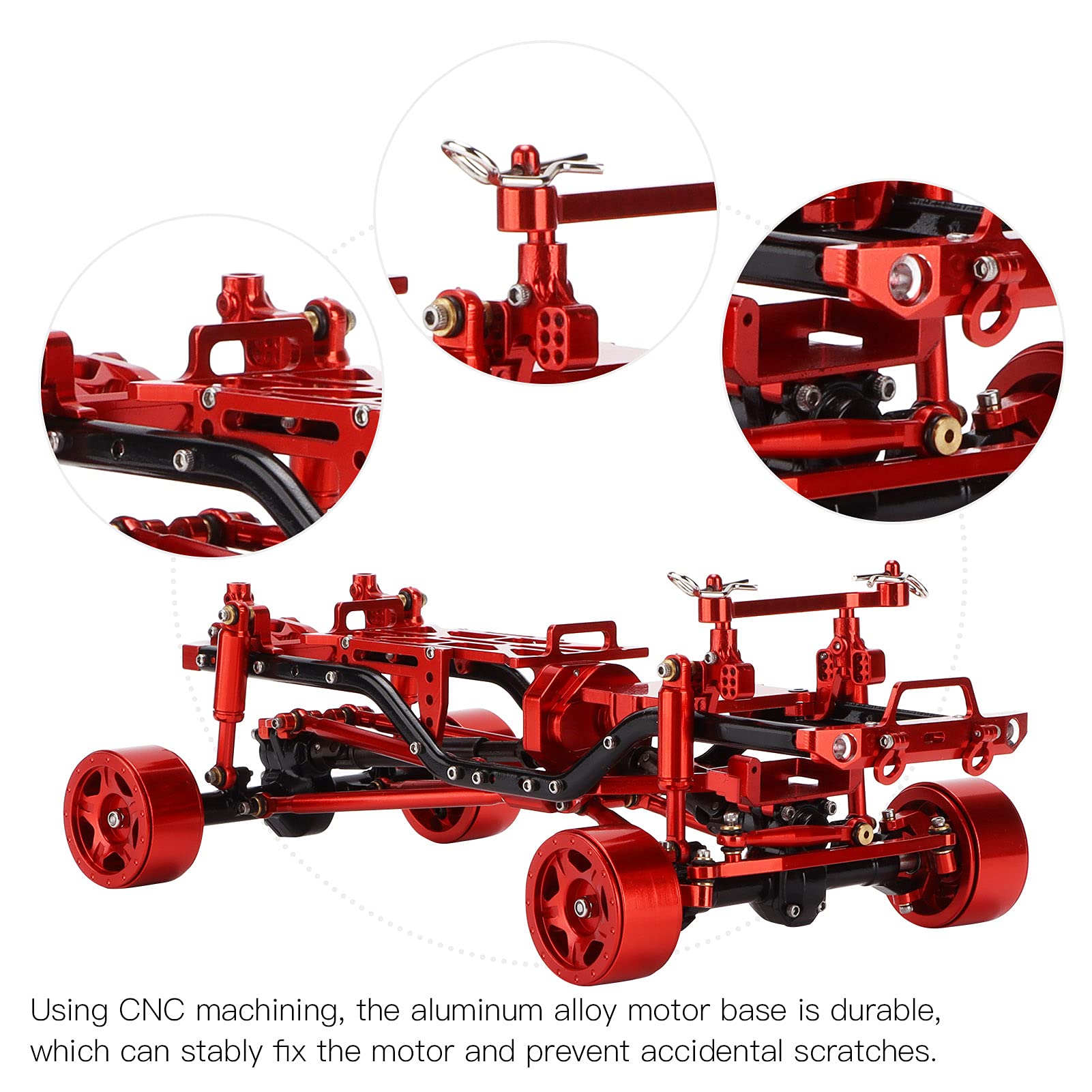Zestaw ulepszonej ramy podwozia SCX24 |Rama ze stopu aluminium z piastami kół do samochodu Axial SCX24 90081 1/24 RC |Mocowanie silnika CNC i stalowy wał napędowy (Red)