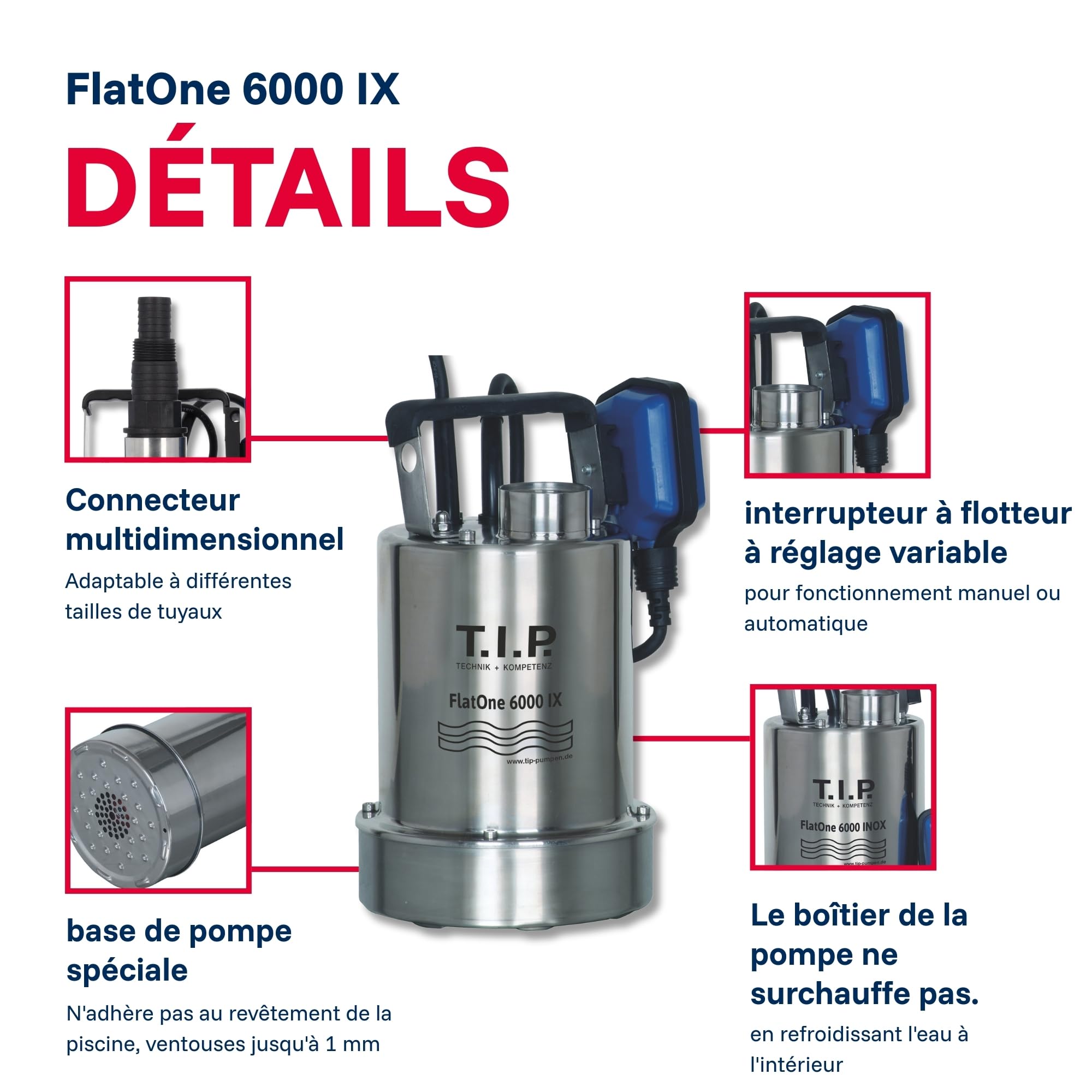 T.I.P. Pompe de Piscine 6000 INOX, Débit 6000 l/h, Pompe Submersible 6m | Moteur puissant en acier inoxydable avec valve anti-retour, pompe de drainage et irrigation idéale pour citernes