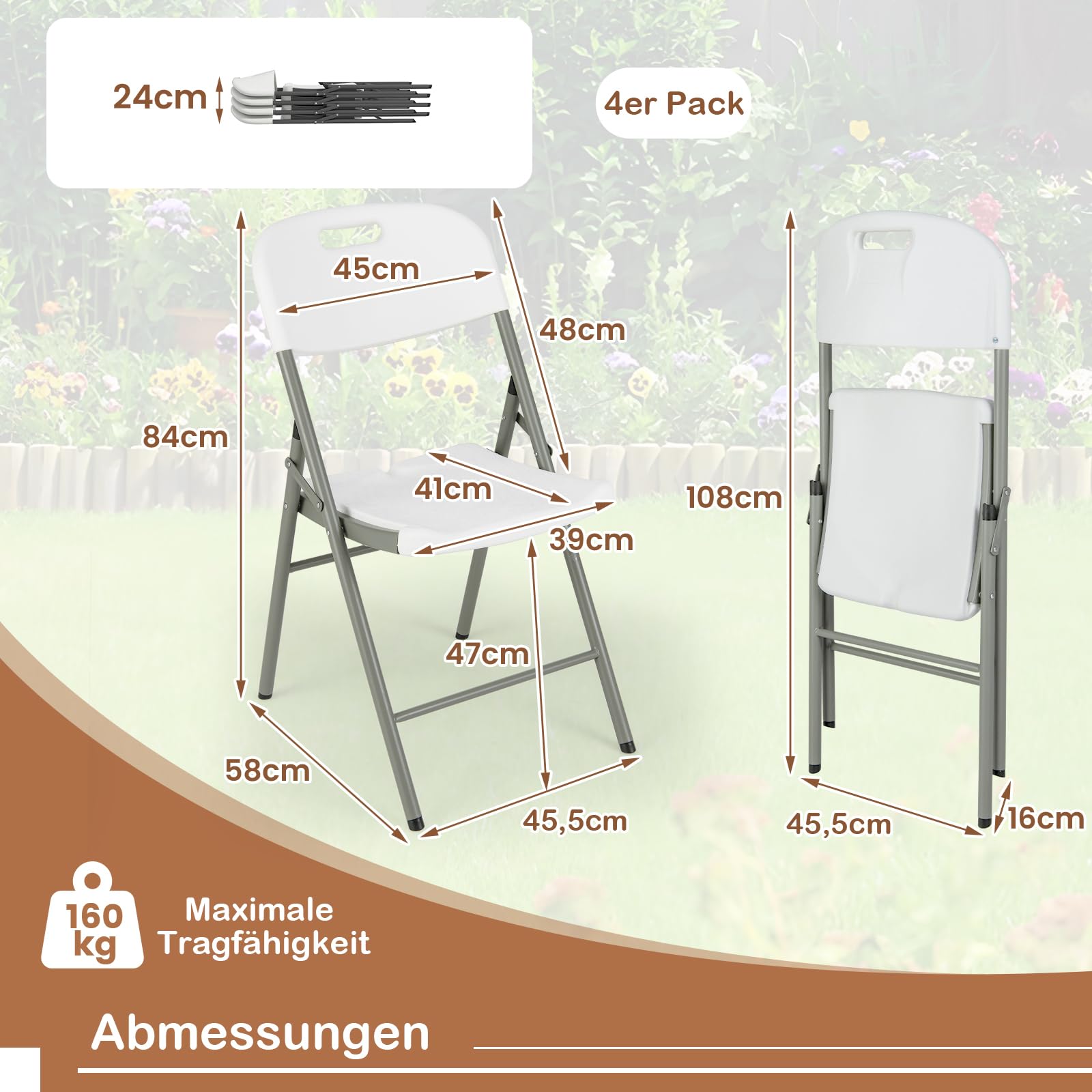 COSTWAY Krzesła składane zestaw 4 sztuk, krzesła dla gości z metalową ramą i uchwytem do noszenia, na imprezy, wesela, nośność 160 kg, kolor biały