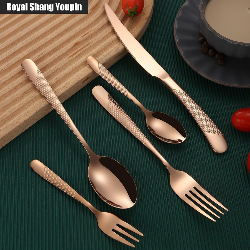 Stella Diamante Manico Cucina Acciaio Inossidabile Posate Stoviglie Posate Set Coltello Bistecca Forchetta Cucchiaio Cucchiaino (Oro rosa,20 pezzi)