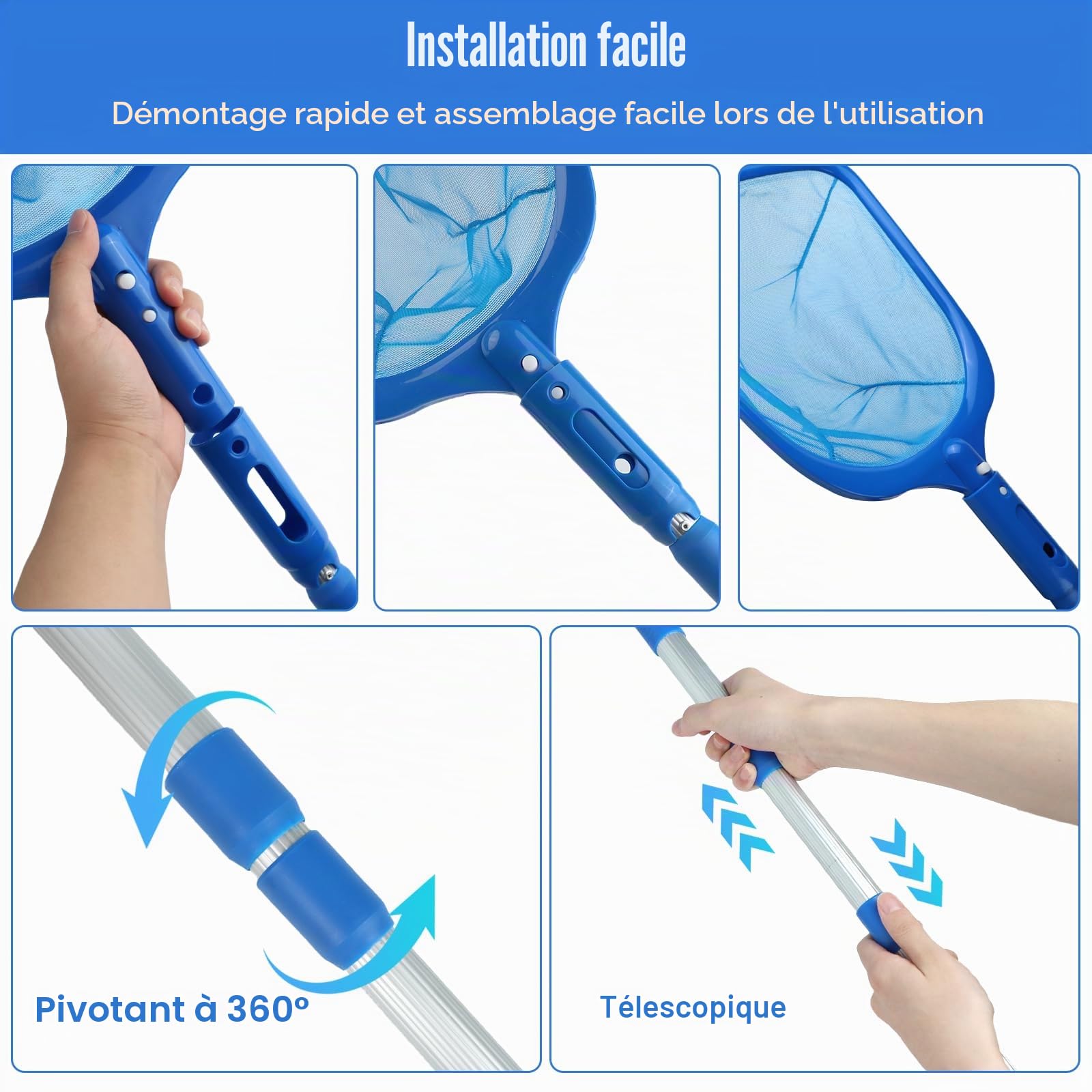 6 Pièces Kit de Piscine Nettoyage, Epuisette Piscine avec 44-88CM Télescopique Réglable, Épuisettes de Surface pour Piscine, Filet de Piscine pour Piscines, Spas, Fontaine