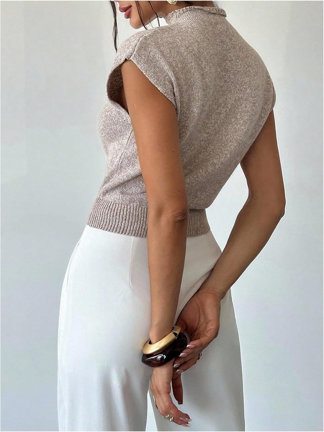 GORGLITTER Women's Cropped Sweater Tank Tops Cap Sleeve Cinched Waist Mock Neck Pullover Knit Top Business Casual Outfits - Image 2