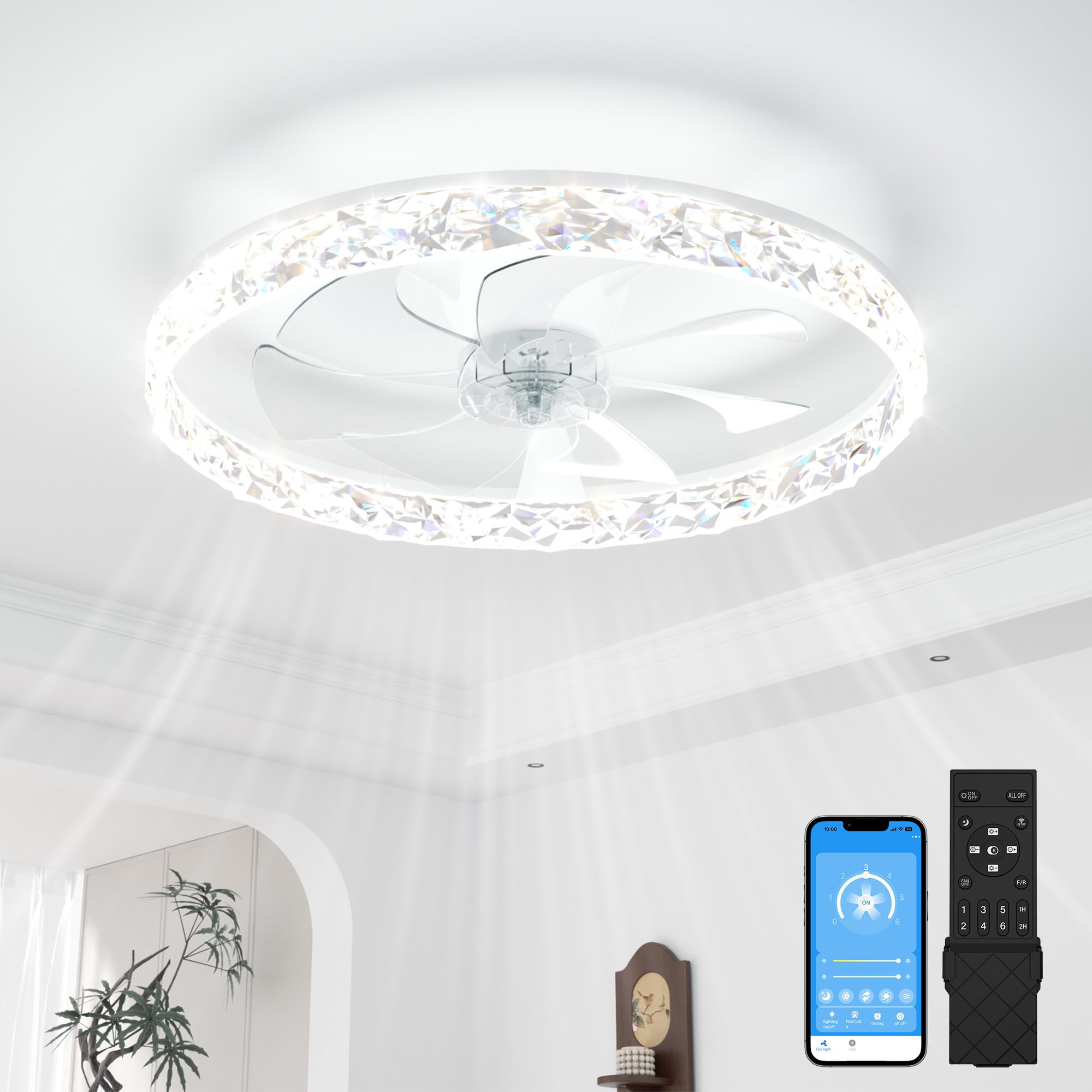 Sunkenet White Ceiling Fans With Lights And Remote, 60Cm Led Fan Ceiling Light, 3000K-6500K Dimmable Smart Ceiling Fan Light, 6 Wind Speeds & Reversible, Modern Fan Light Ceiling For Bedroom(White)