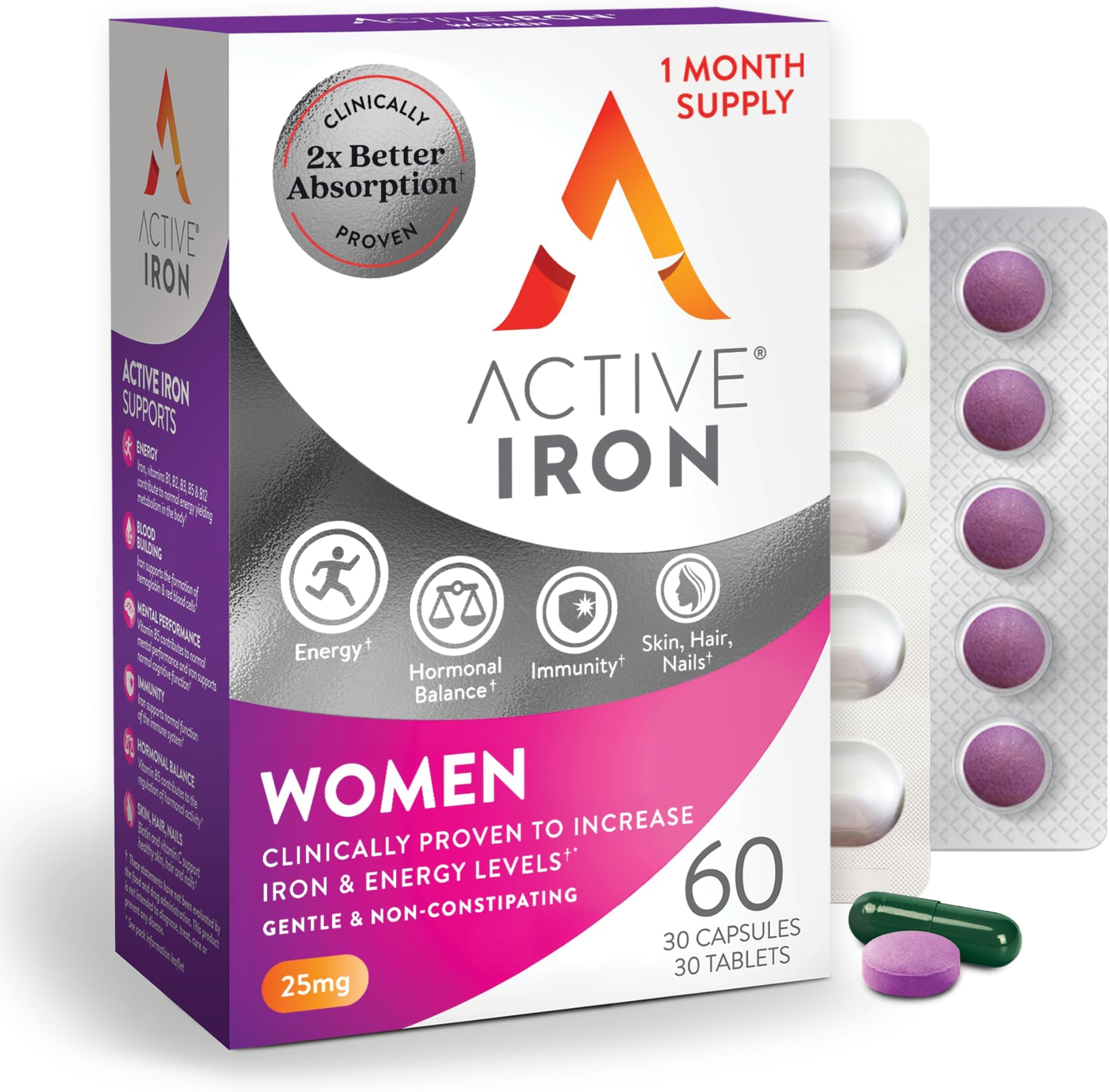 - Active Iron Supplement 25mg + Multivitamin for Women, Gentle on Stomach | Clinically Proven Iron Pills & Multivitamin, Increase Iron & Fight Tiredness, Non-Constipating, 30 Capsules + 30 Tablets