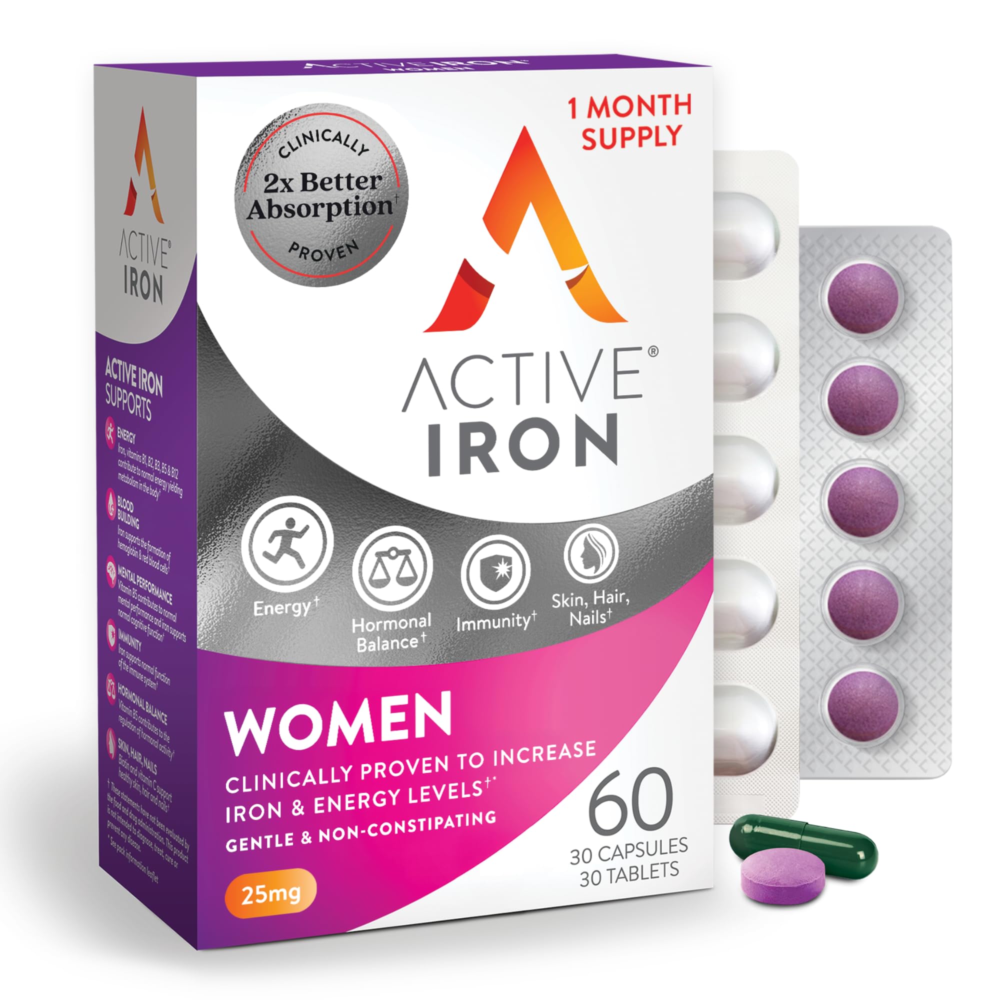 Active Iron Supplement 25mg + Multivitamin for Women,Gentle on Stomach 60 Count (Pack of 1) Woman